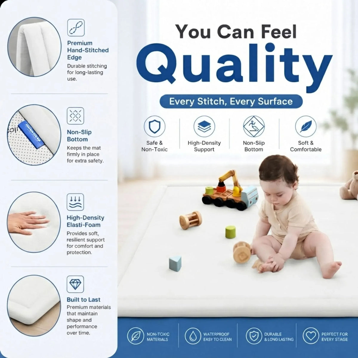 Baby Play Mat 150x200cm Thick Foam Crawling Mat for Infants - White