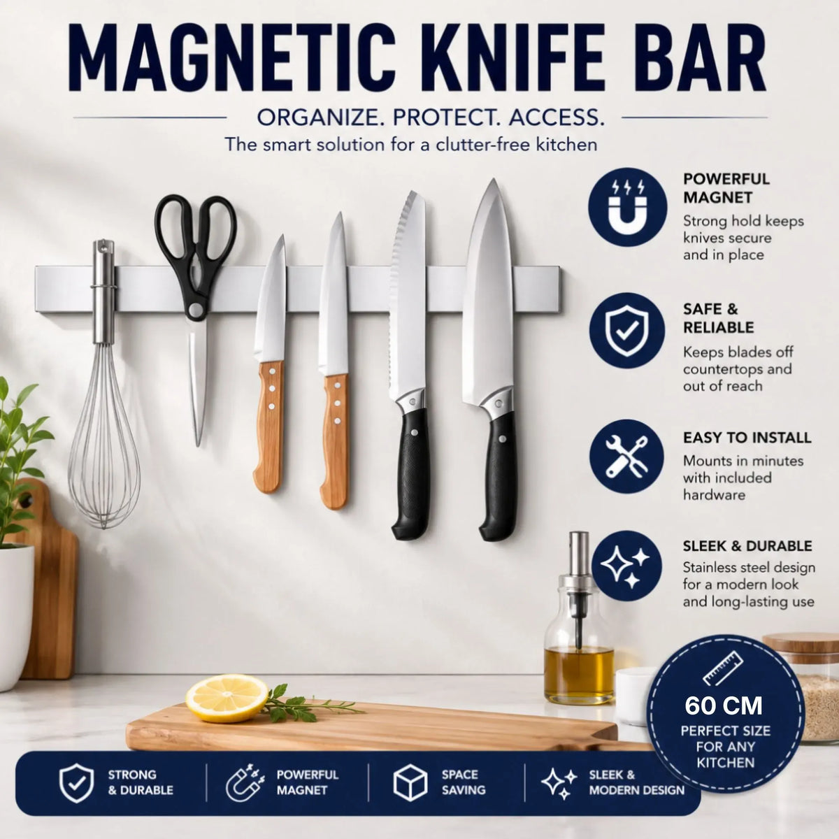 Magnetic Knife Strip 60cm Stainless Steel Wall Rack - Grey