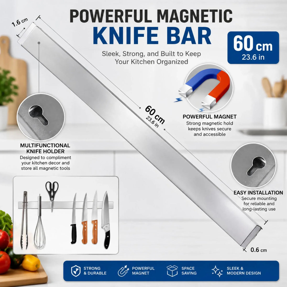 Magnetic Knife Strip 60cm Stainless Steel Wall Rack - Grey