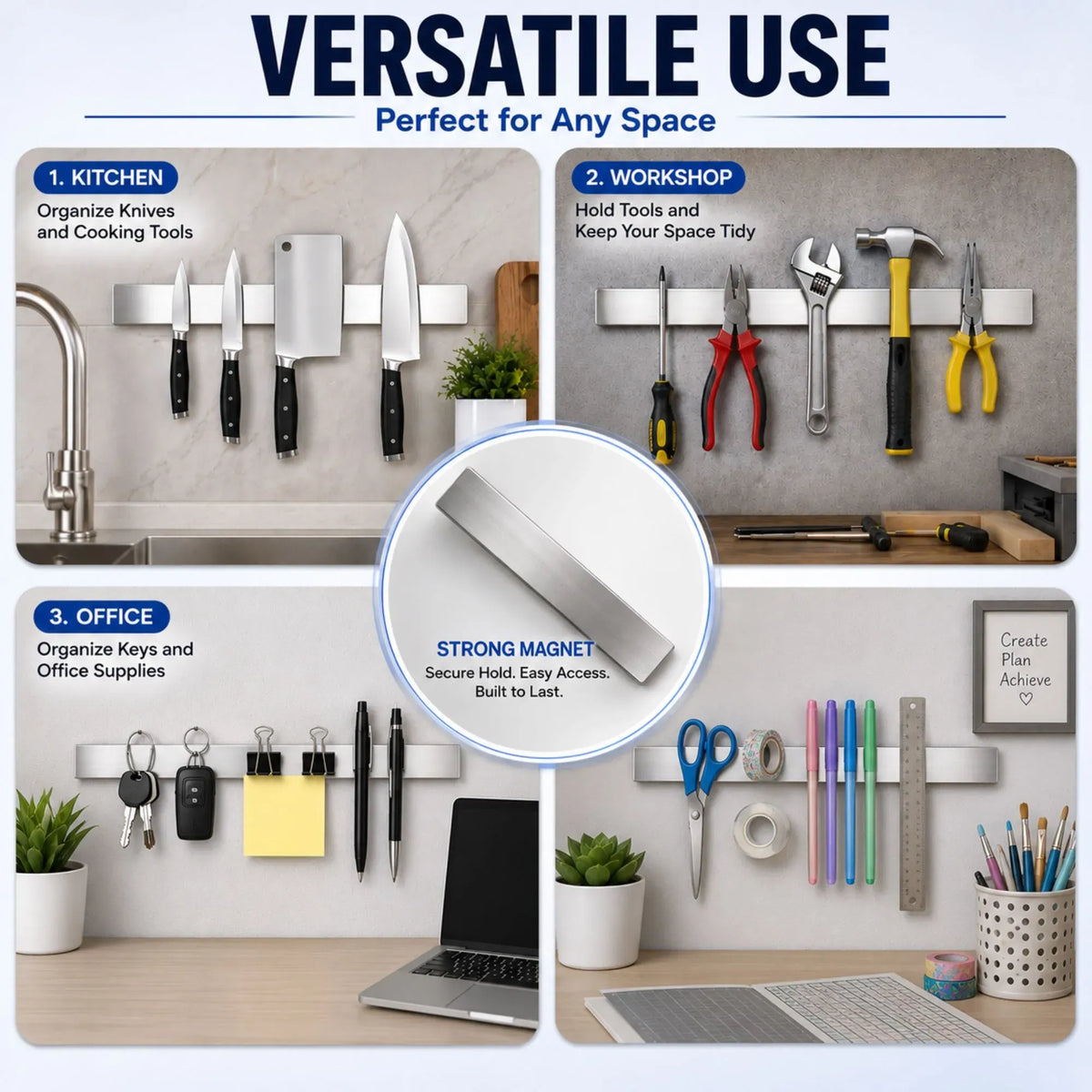 Magnetic Knife Strip 60cm Stainless Steel Wall Rack - Grey