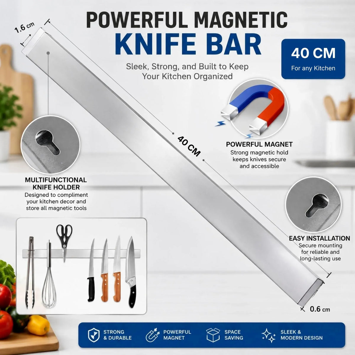 Magnetic Knife Strip 40cm Stainless Steel Wall Rack - Grey