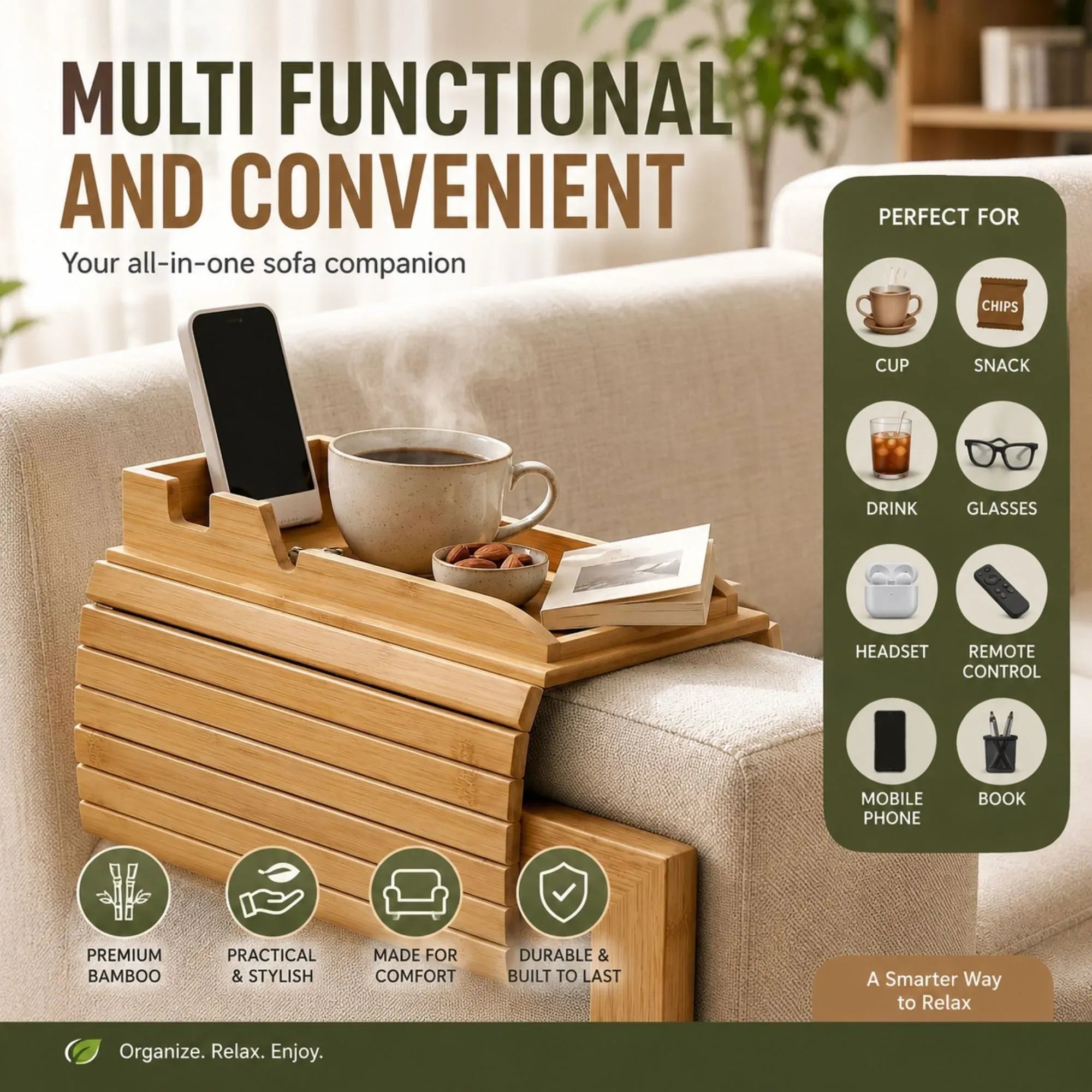 Bamboo Sofa Armrest Tray Table with Non-Slip Base - Natural