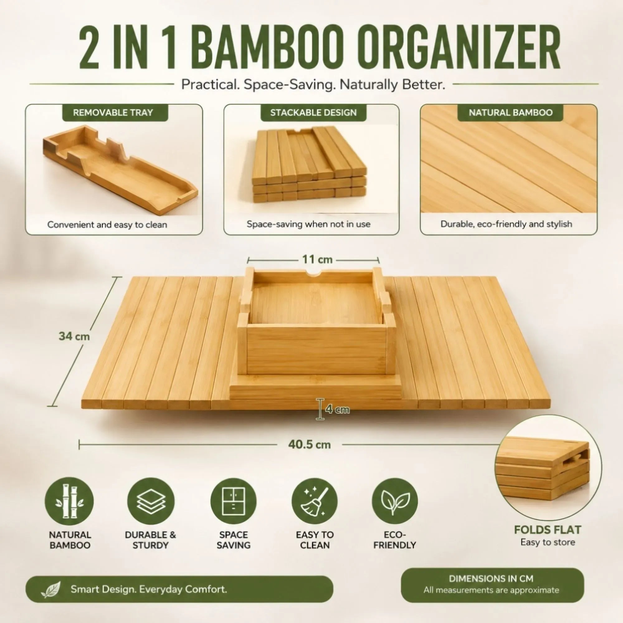 Bamboo Sofa Armrest Tray Table with Non-Slip Base - Natural