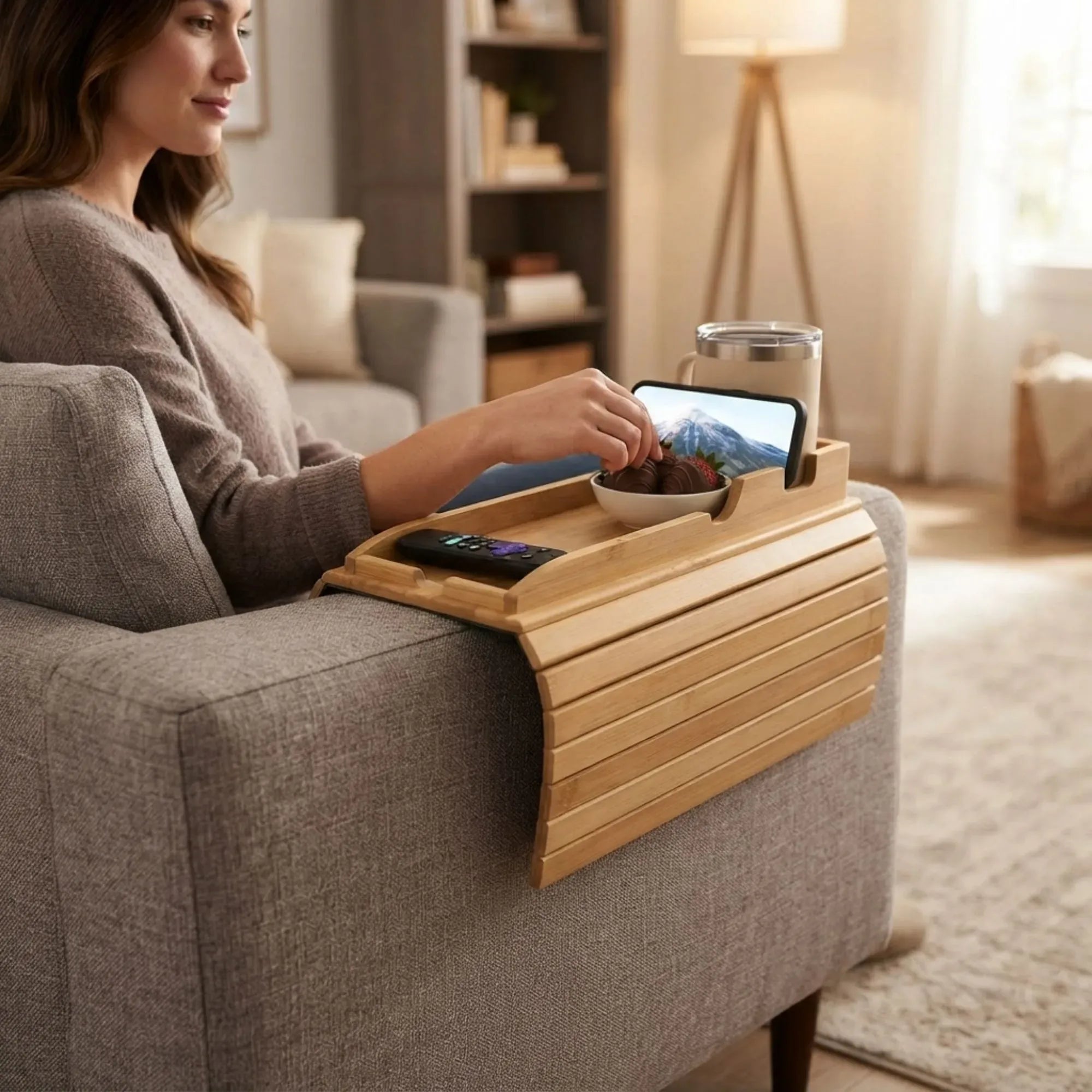 Bamboo Sofa Armrest Tray Table with Non-Slip Base - Natural