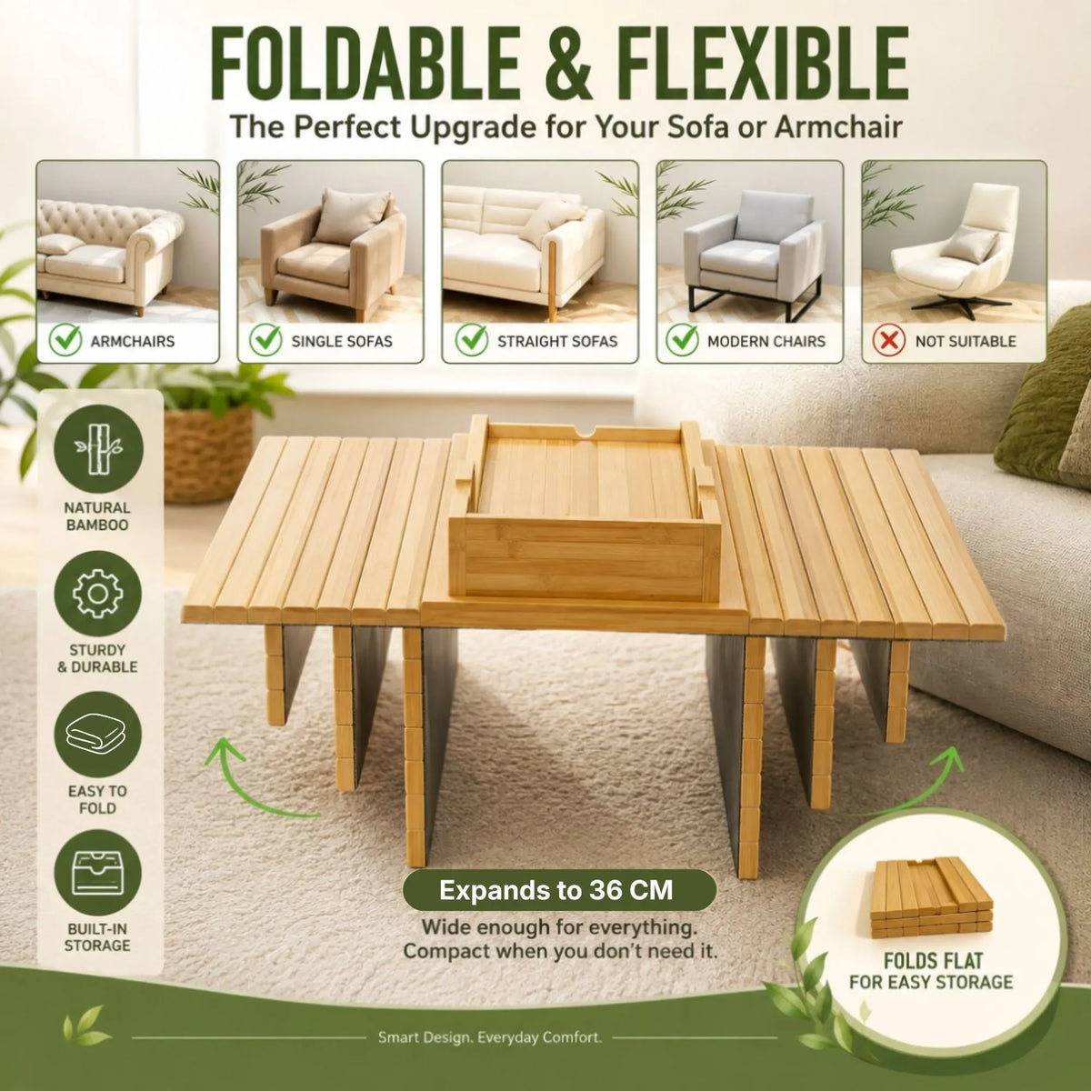 Bamboo Sofa Armrest Tray Table with Non-Slip Base - Natural