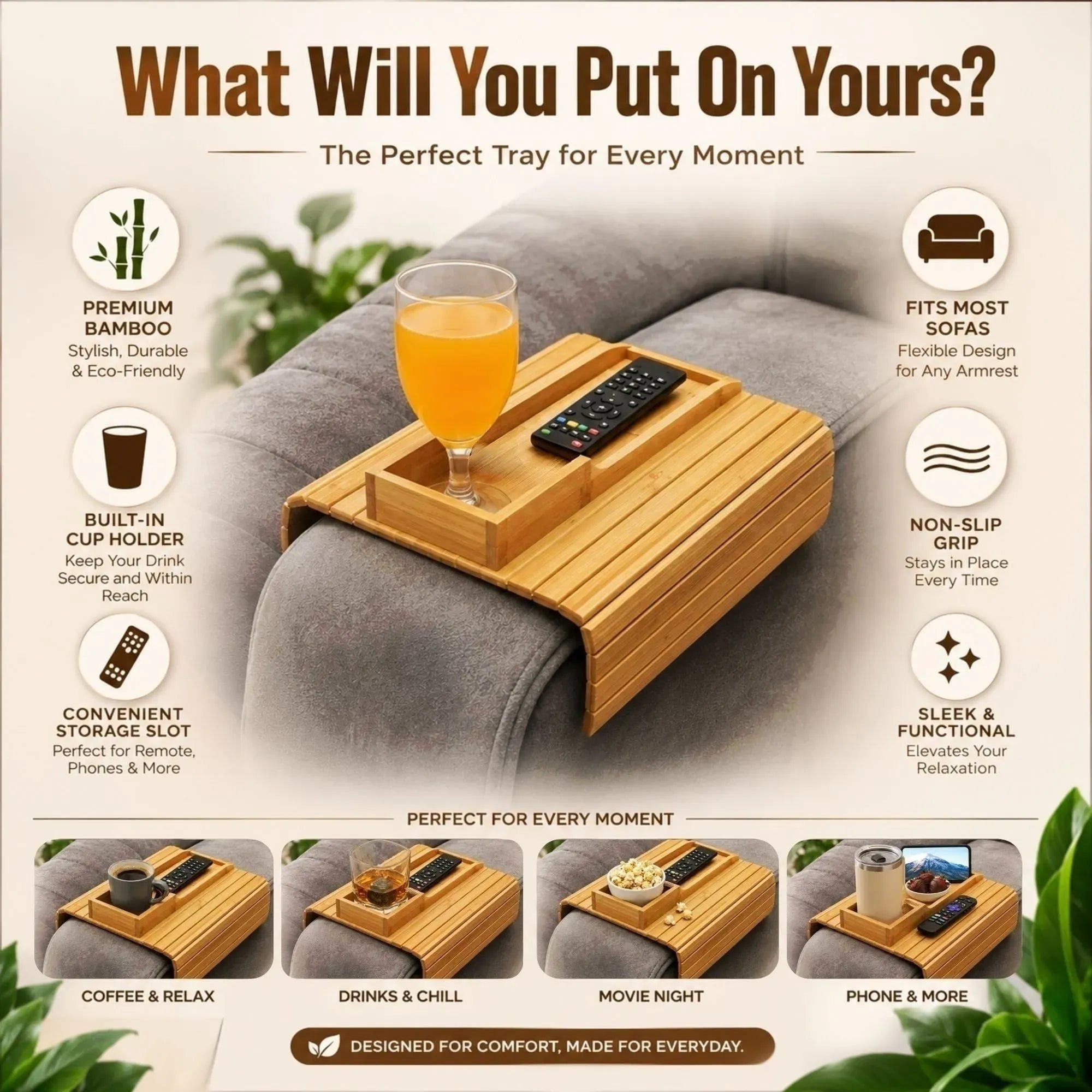 Bamboo Sofa Armrest Tray Table with Non-Slip Base - Natural