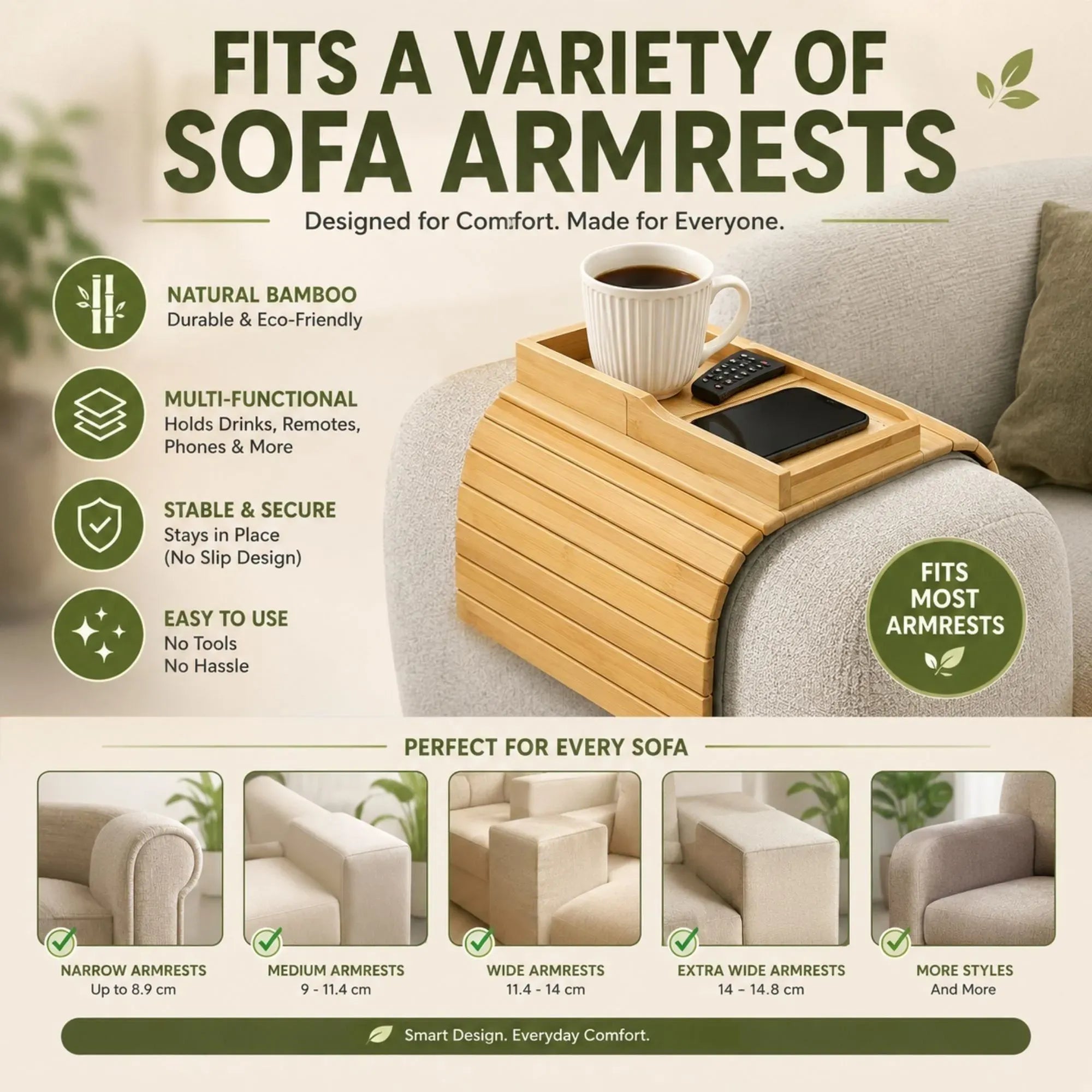 Bamboo Sofa Armrest Tray Table with Non-Slip Base - Natural