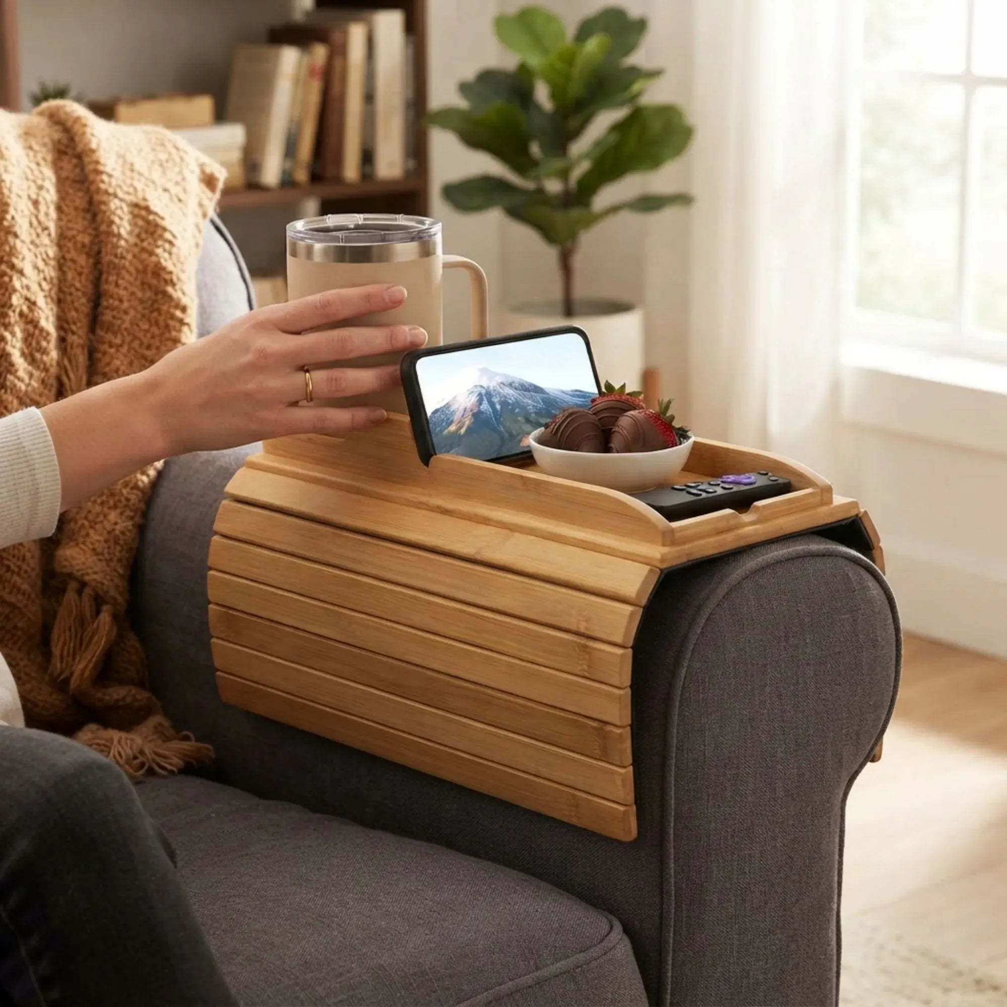 Bamboo Sofa Armrest Tray Table with Non-Slip Base - Natural