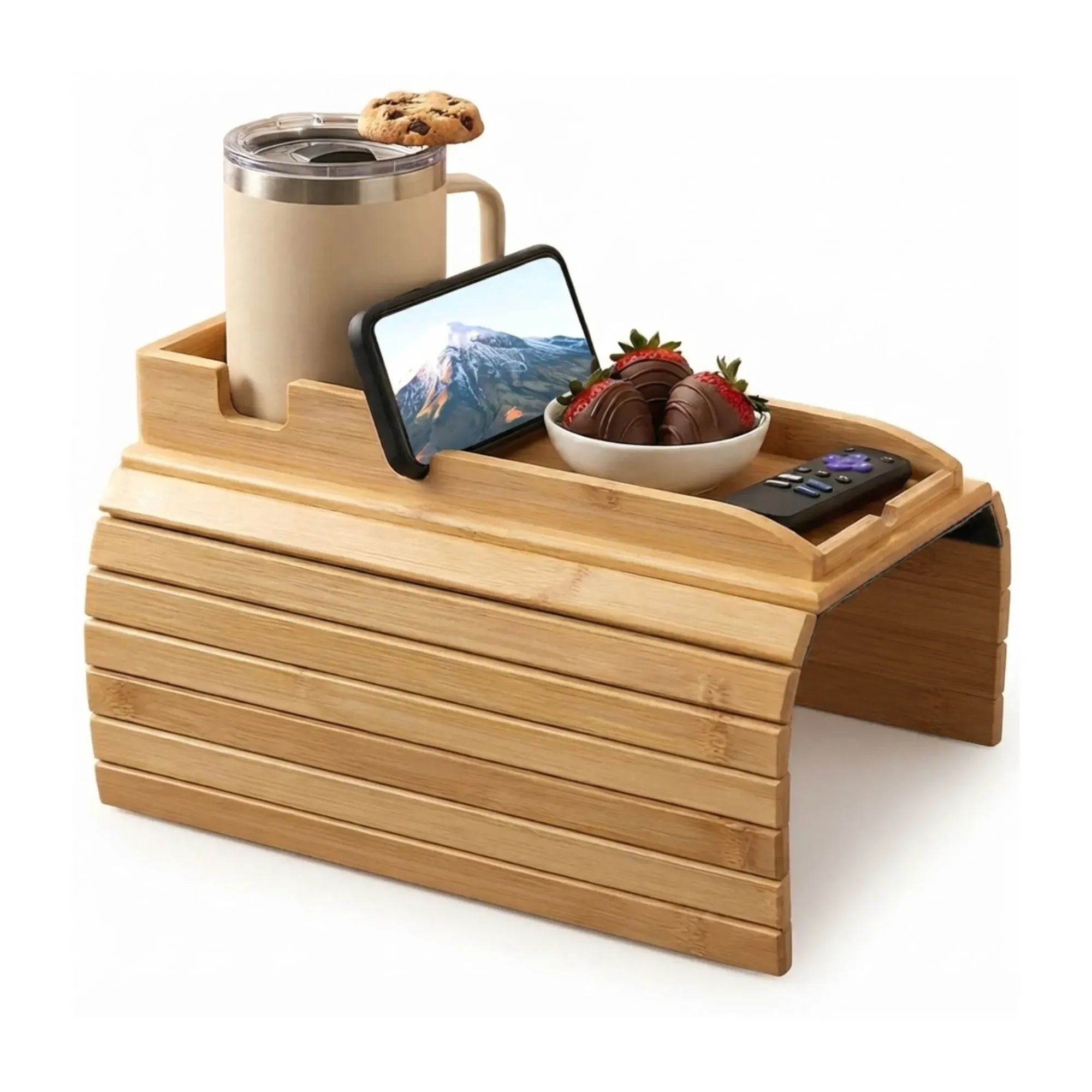 Bamboo Sofa Armrest Tray Table with Non-Slip Base - Natural
