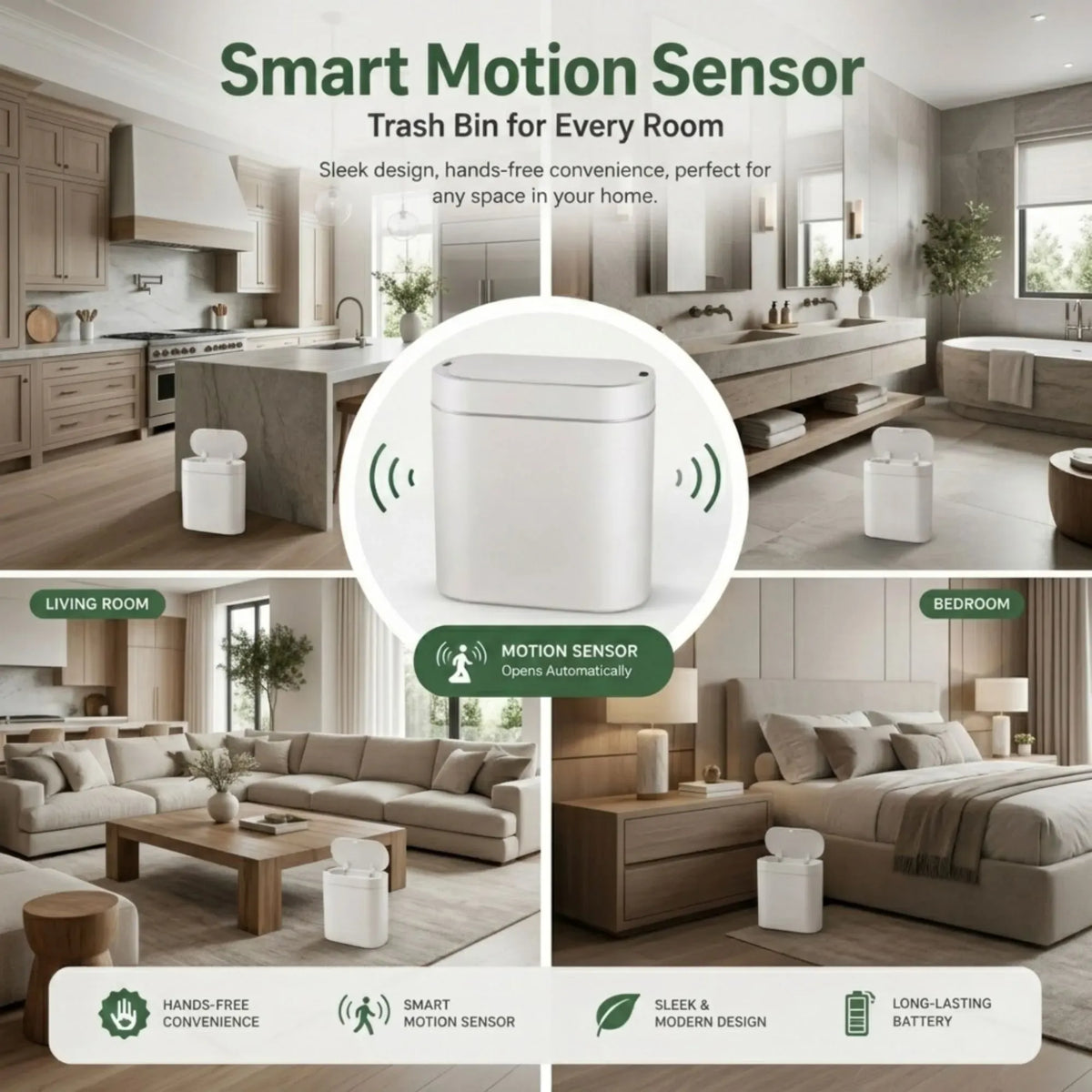 7L Automatic Motion Sensor Trash Bin with Lid - White
