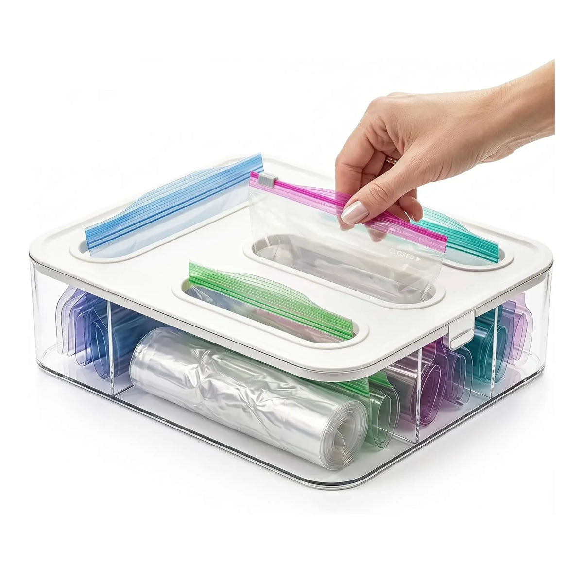 Food Storage Bag Organiser 4 Compartment Kitchen Drawer Box - Transparent