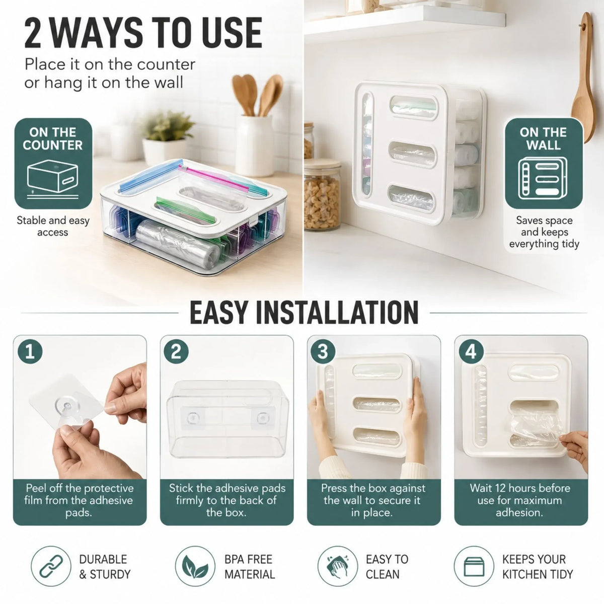 Food Storage Bag Organiser 4 Compartment Kitchen Drawer Box - Transparent