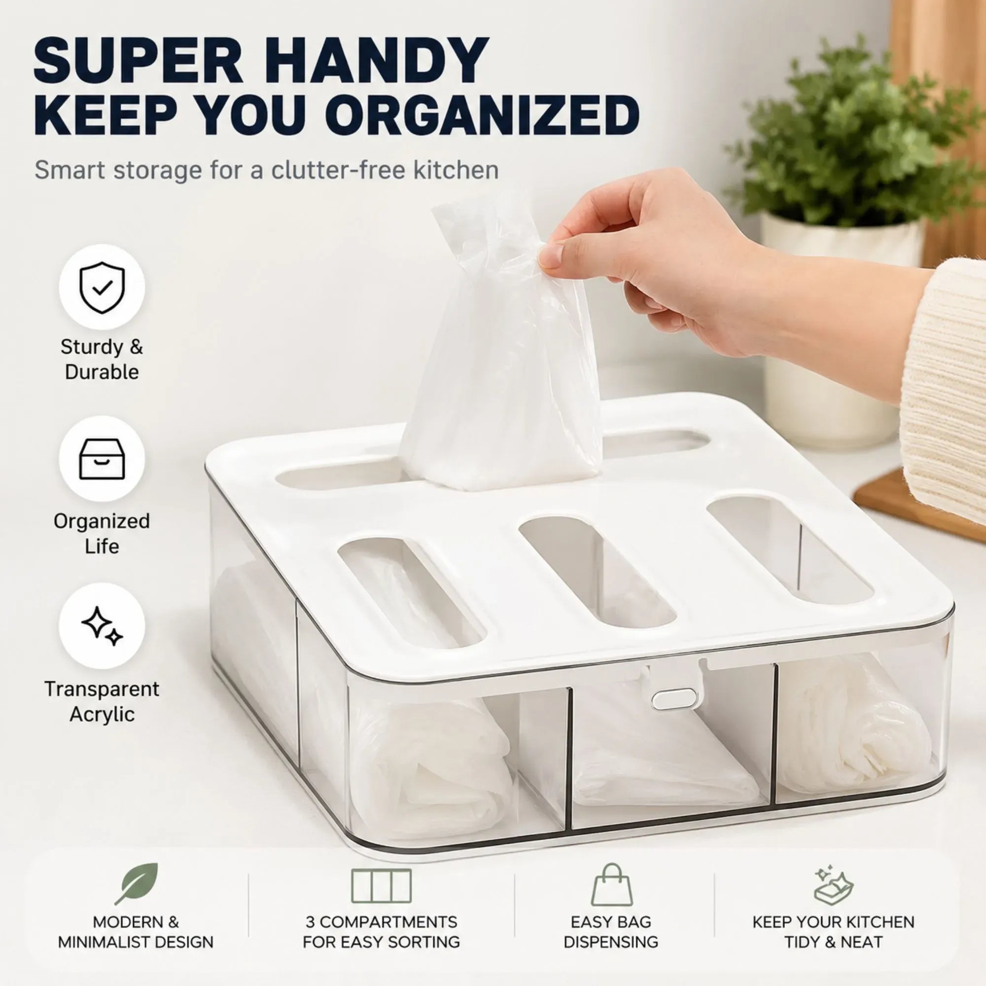 Food Storage Bag Organiser 4 Compartment Kitchen Drawer Box - Transparent