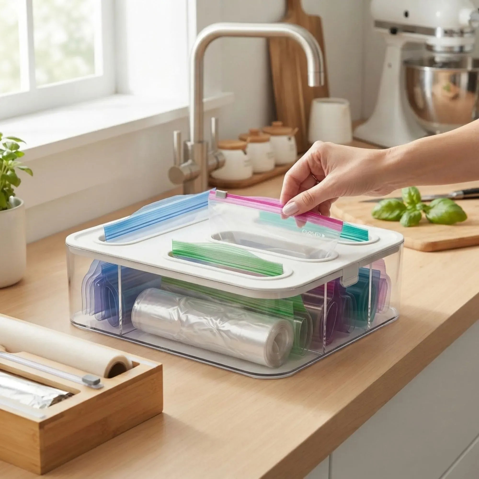 Food Storage Bag Organiser 4 Compartment Kitchen Drawer Box - Transparent