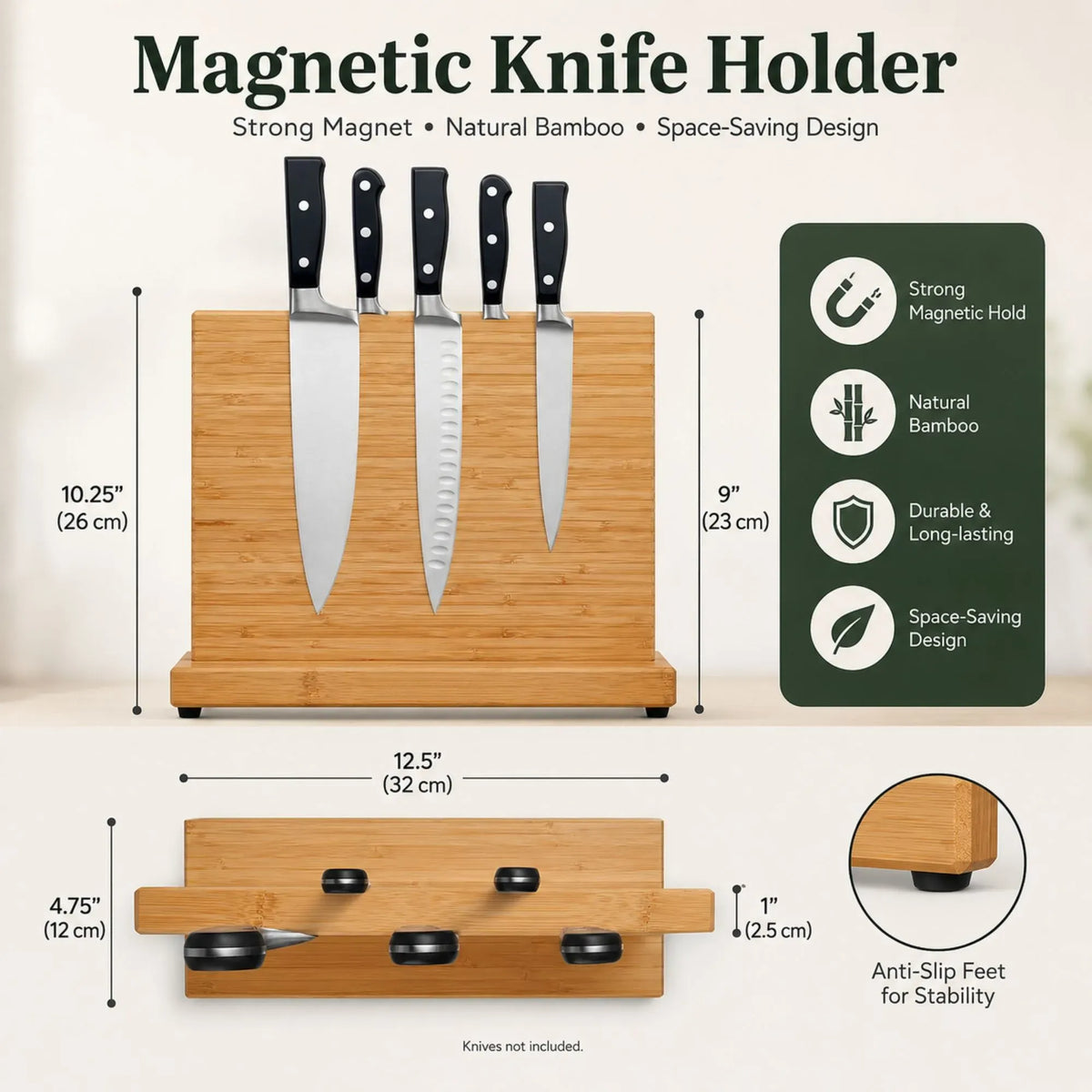 Magnetic Bamboo Double-Sided Knife Block Holder for Knives up to 23cm - Natural