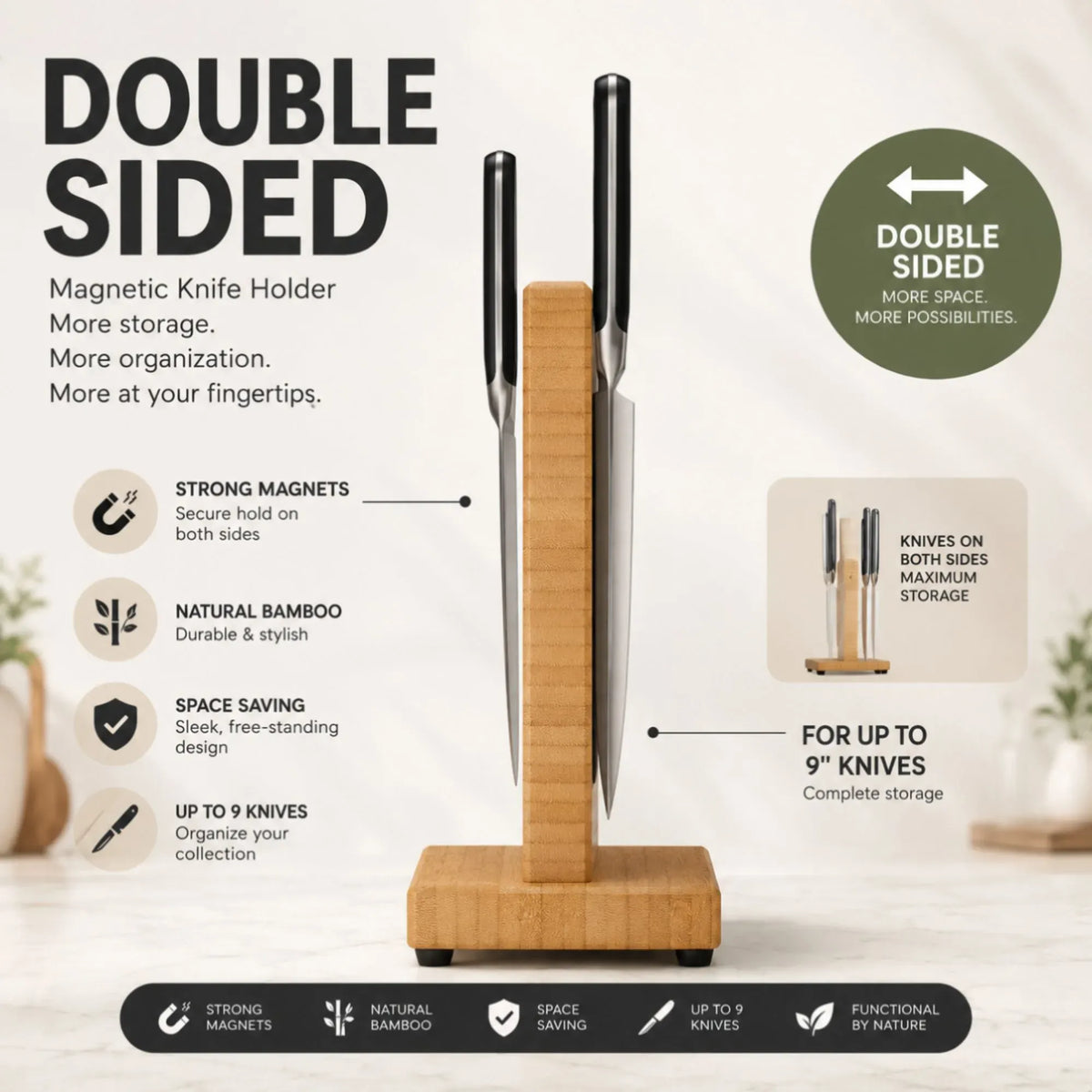 Magnetic Bamboo Double-Sided Knife Block Holder for Knives up to 23cm - Natural