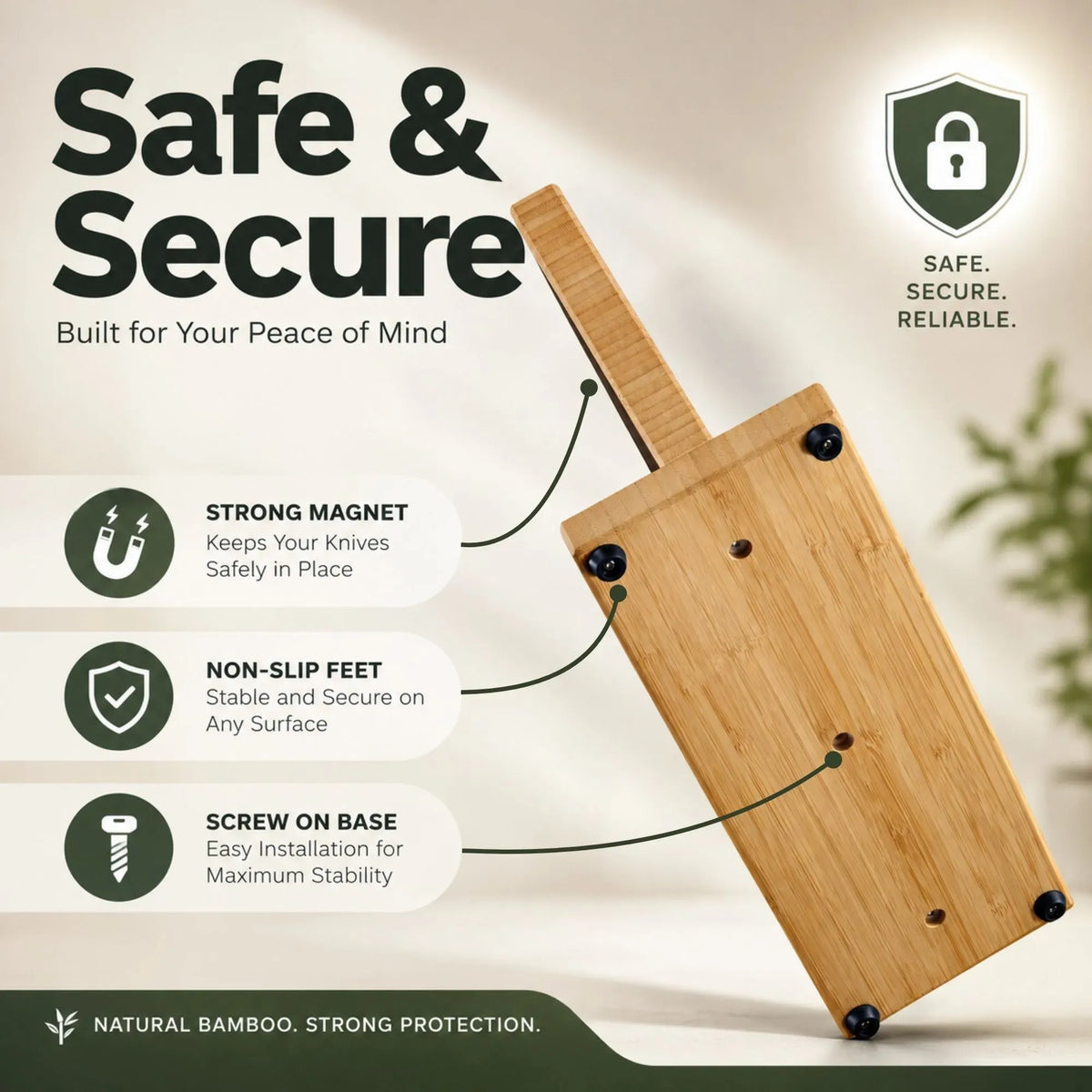 Magnetic Bamboo Double-Sided Knife Block Holder for Knives up to 23cm - Natural
