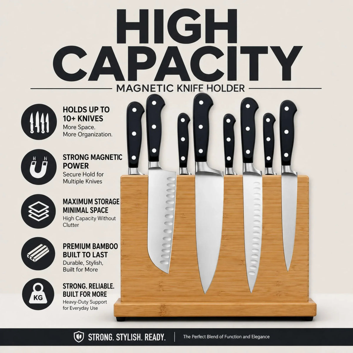 Magnetic Bamboo Double-Sided Knife Block Holder for Knives up to 23cm - Natural