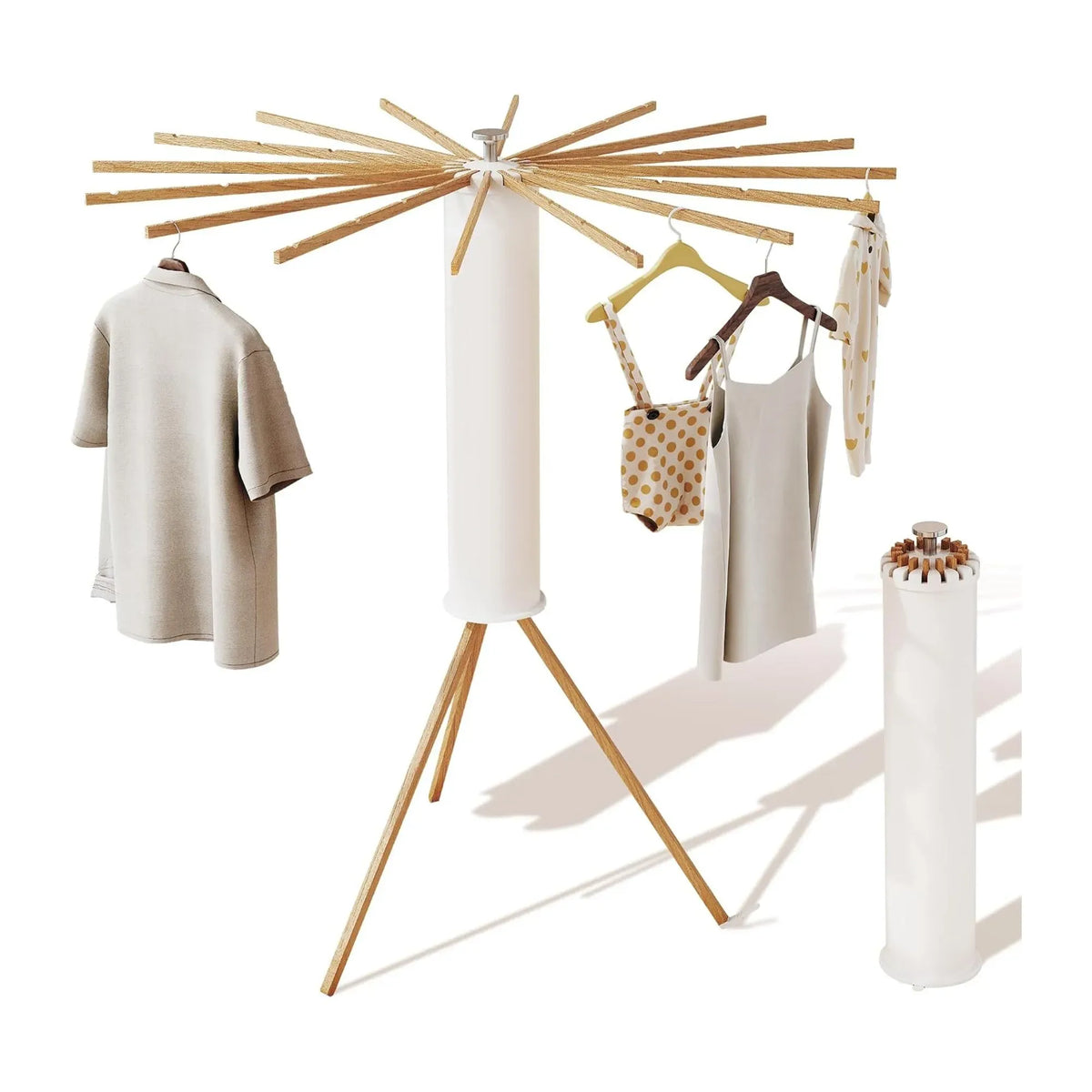 Tripod Clothes Drying Rack 16 Rod Foldable with Wooden Poles - White