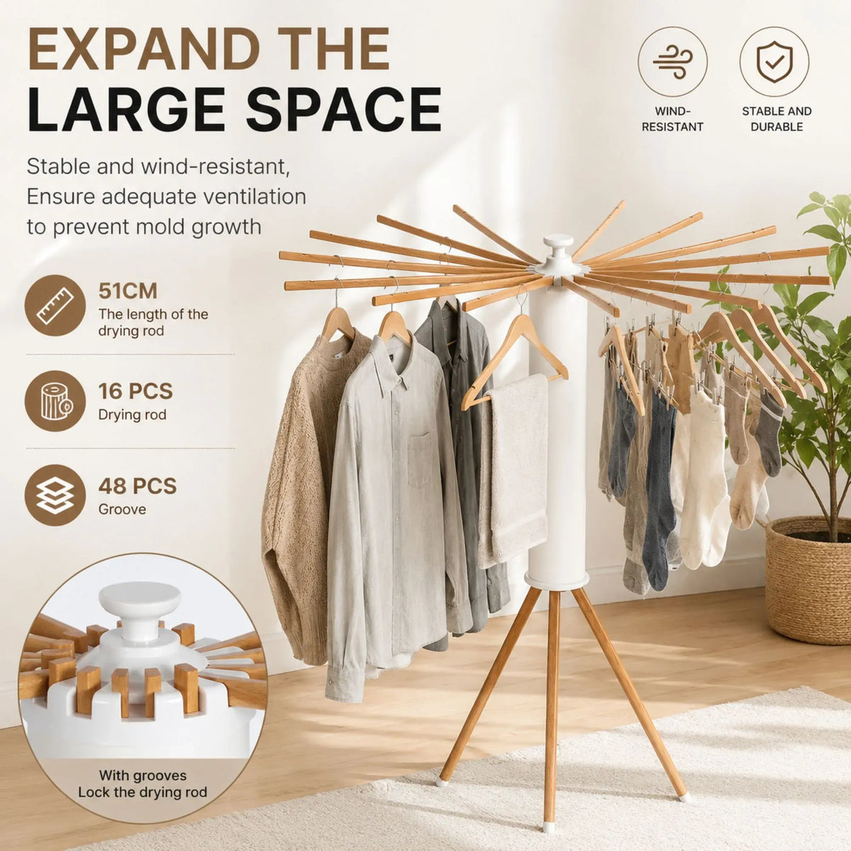 Tripod Clothes Drying Rack 16 Rod Foldable with Wooden Poles - White
