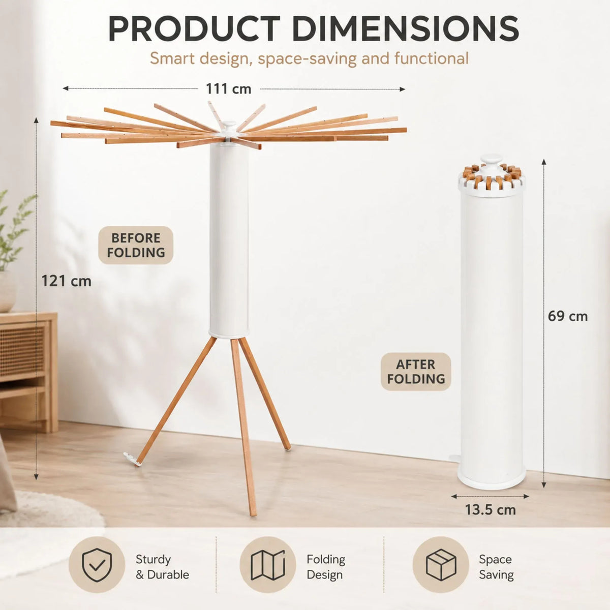 Tripod Clothes Drying Rack 16 Rod Foldable with Wooden Poles - White