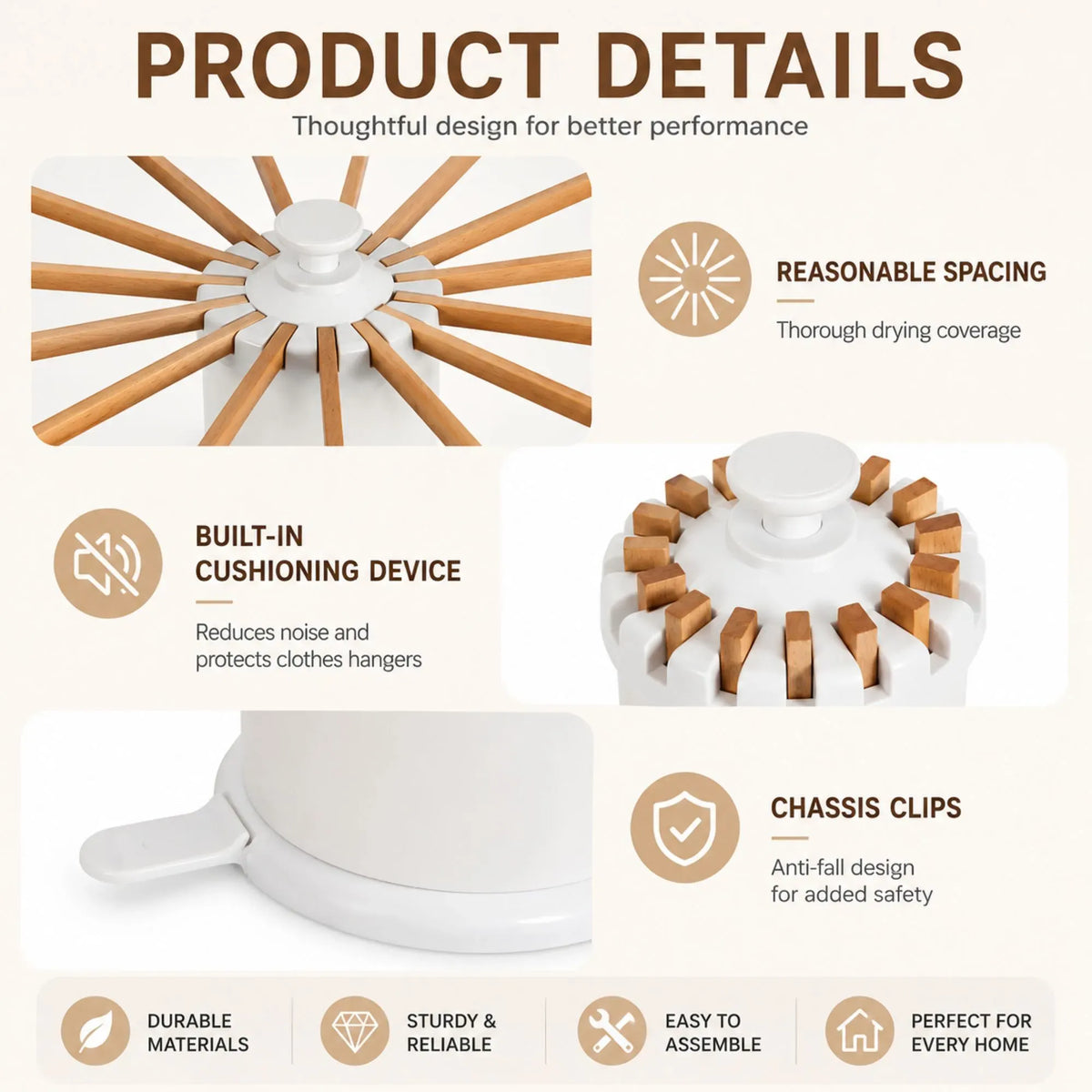 Tripod Clothes Drying Rack 16 Rod Foldable with Wooden Poles - White