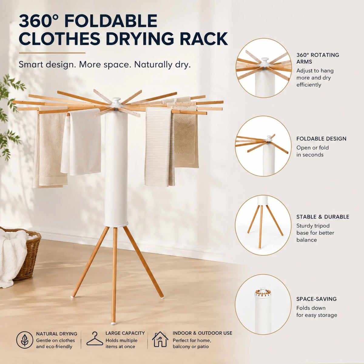 Tripod Clothes Drying Rack 16 Rod Foldable with Wooden Poles - White