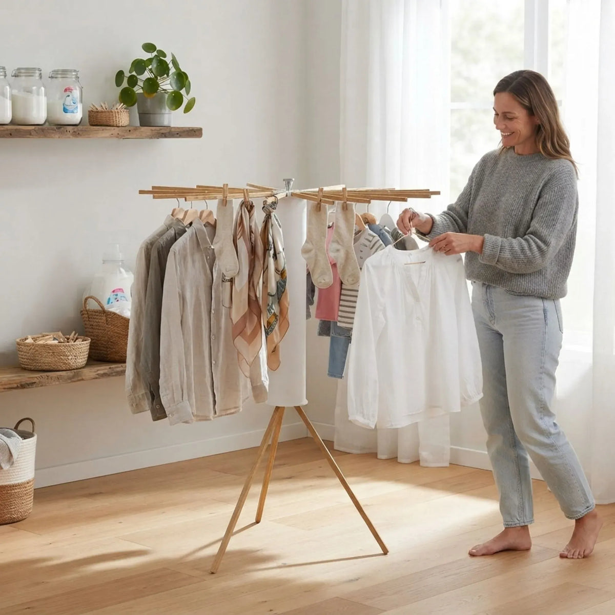Tripod Clothes Drying Rack 16 Rod Foldable with Wooden Poles - White