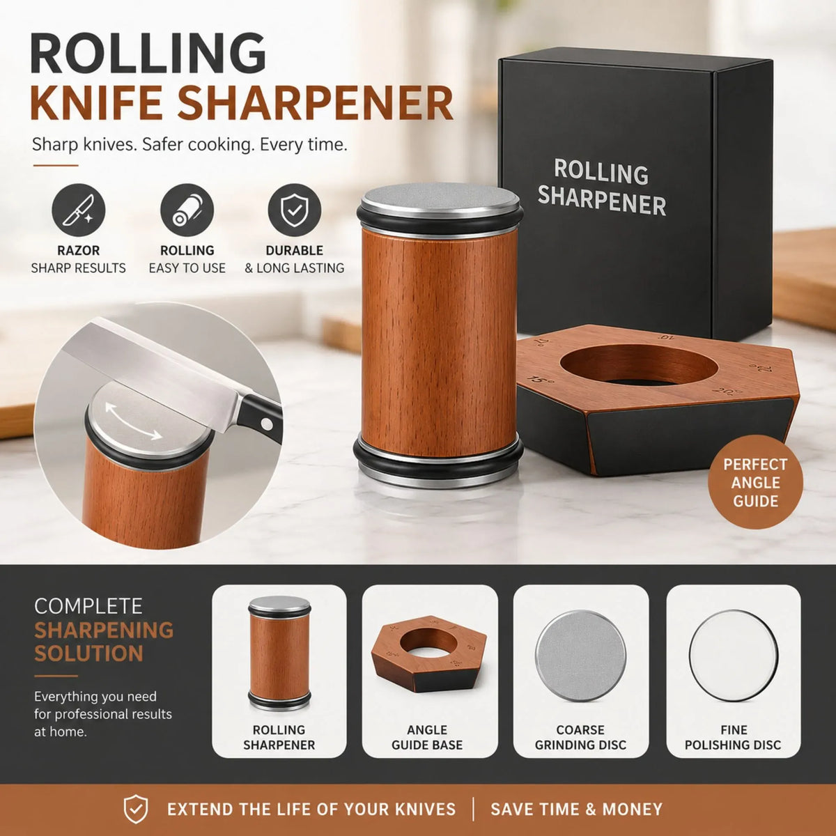 Rolling Knife Sharpener with 5 Angle Magnetic Holder and 3-Stage Disc Kit - Brown