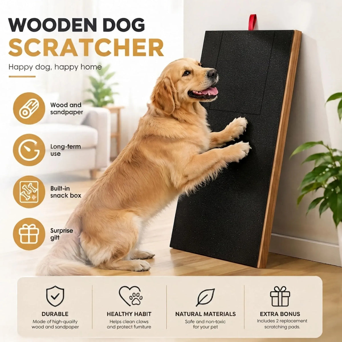Dog Nail Scratch Board with Treat Drawer and Replaceable Sandpaper - Natural Wood