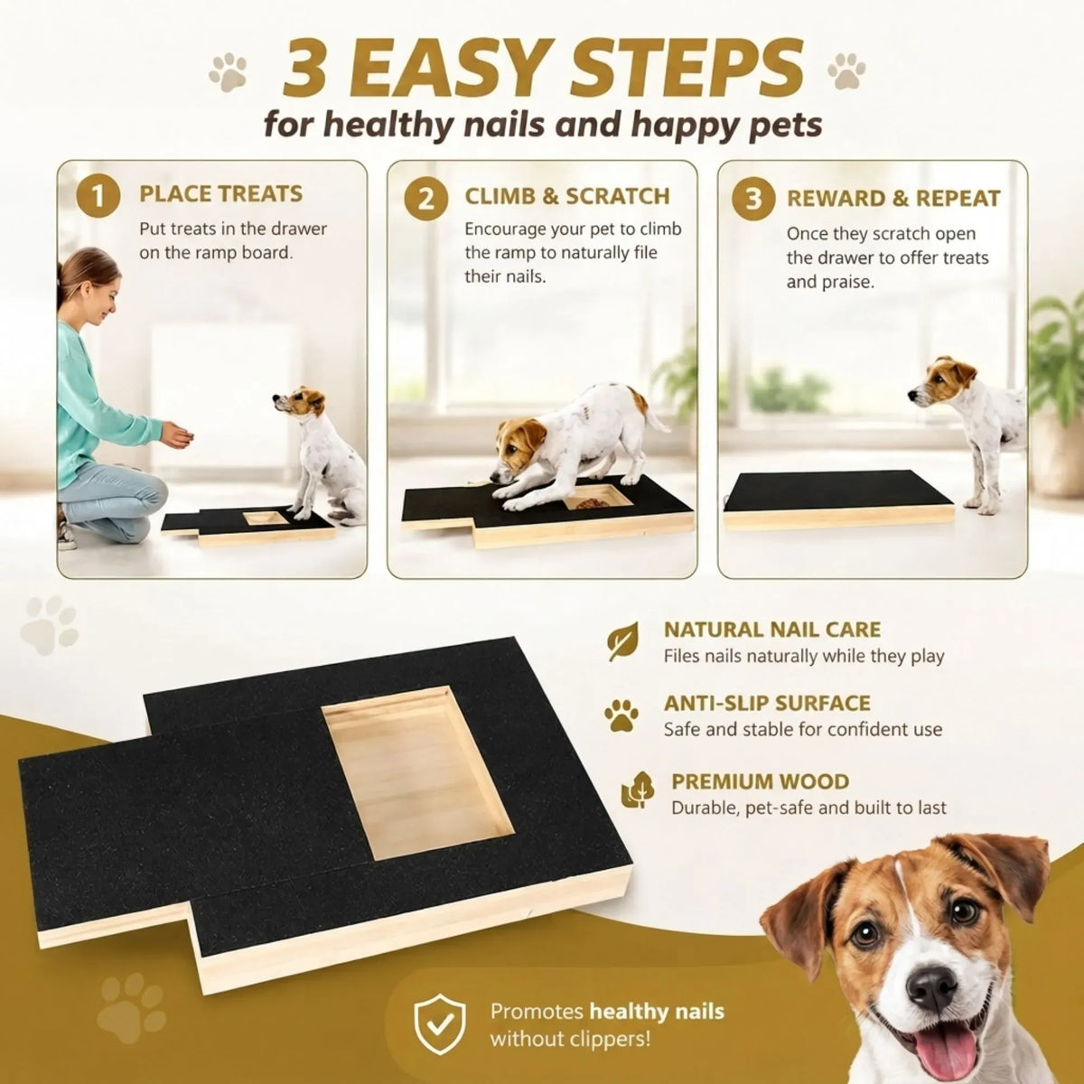 Dog Nail Scratch Board with Treat Drawer and Replaceable Sandpaper - Natural Wood