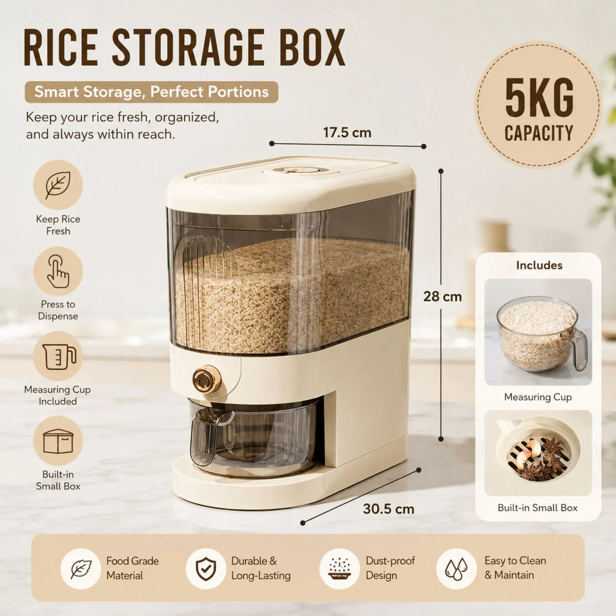 Rice Dispenser 5kg Large Capacity Press Button Grain Storage Container - Beige
