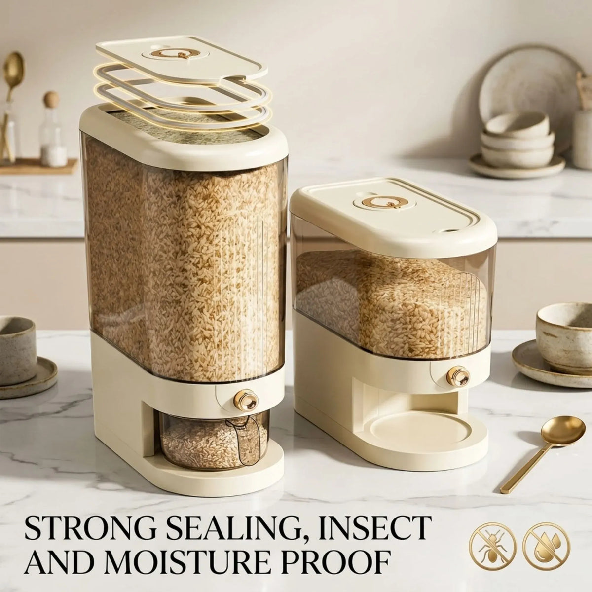 Rice Dispenser 5kg Large Capacity Press Button Grain Storage Container - Beige
