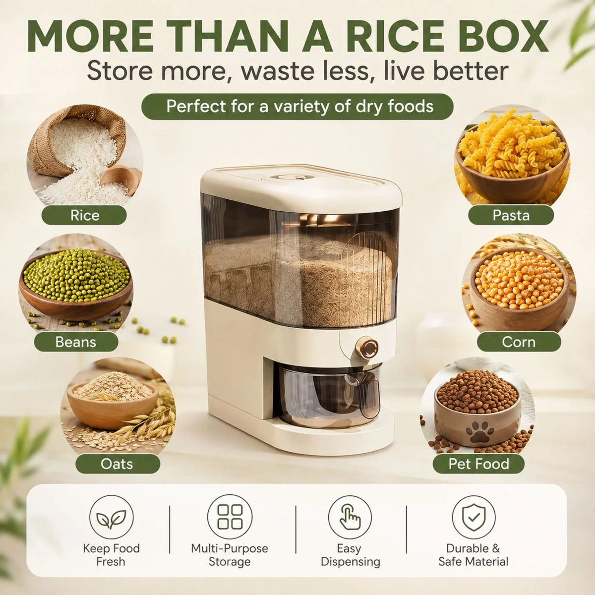 Rice Dispenser 5kg Large Capacity Press Button Grain Storage Container - Beige
