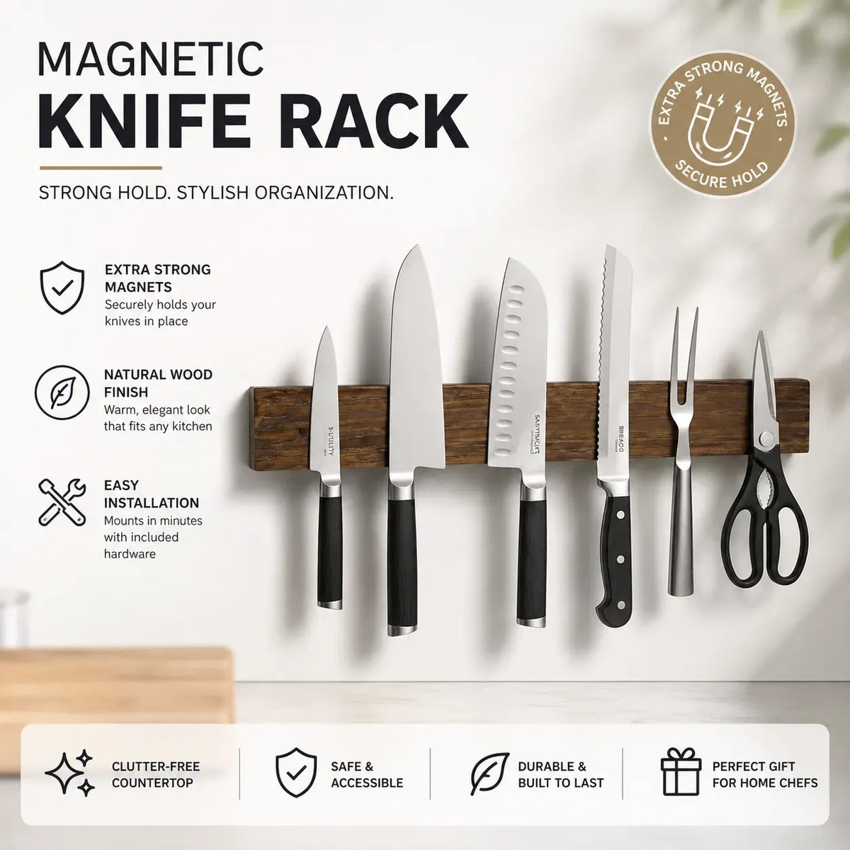 Magnetic Knife Holder Wall Mounted Wood Strip 40cm - Brown