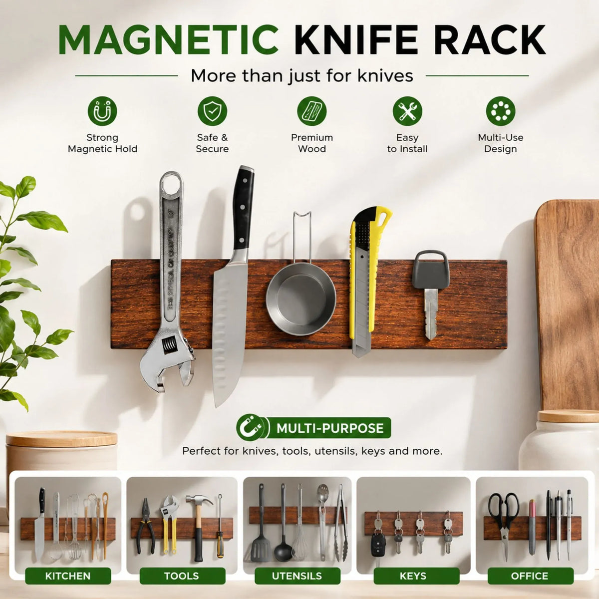 Magnetic Knife Holder Wall Mounted Wood Strip 40cm - Brown