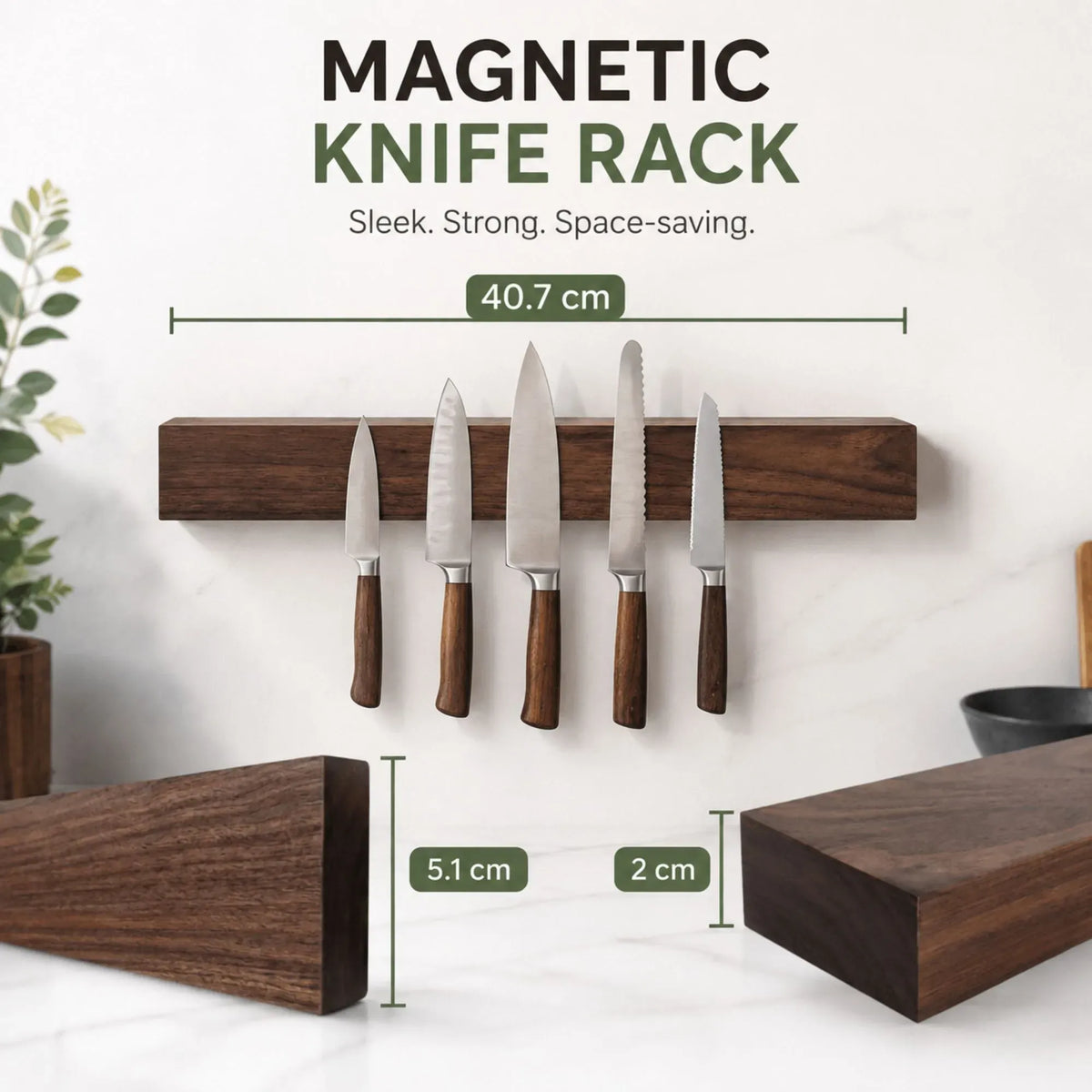 Magnetic Knife Holder Wall Mounted Wood Strip 40cm - Brown