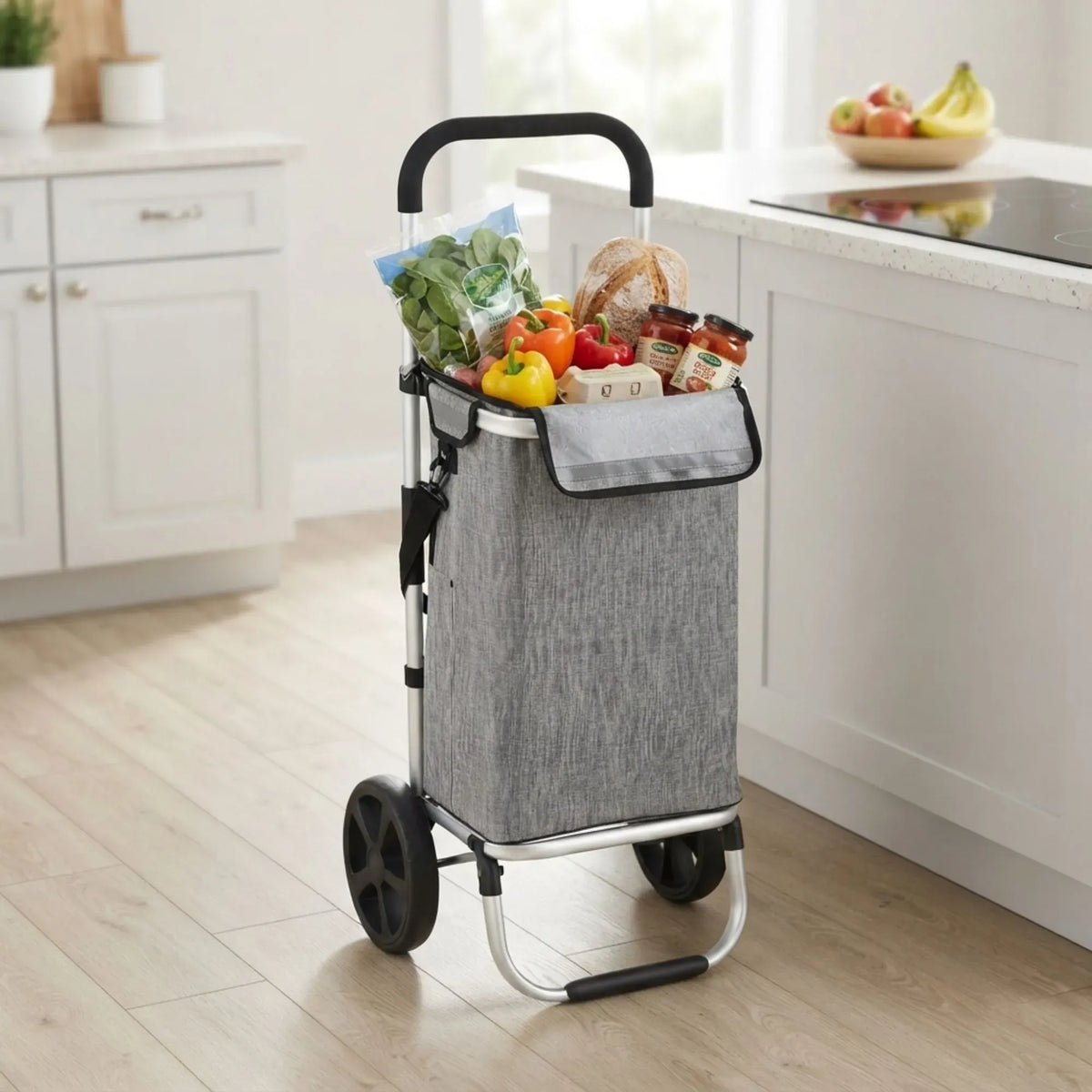 Foldable Aluminium Shopping Trolley 45L with Insulated Bag and Waterproof Oxford Cloth - Grey