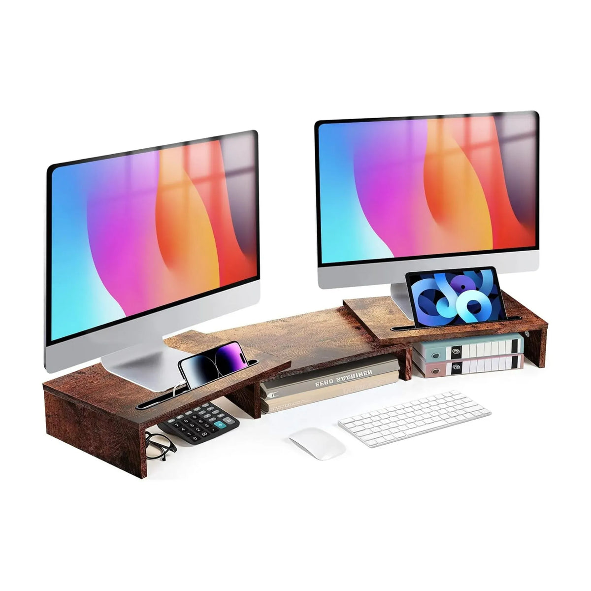 Dual Monitor Stand Riser Adjustable Length and Angle - Brown