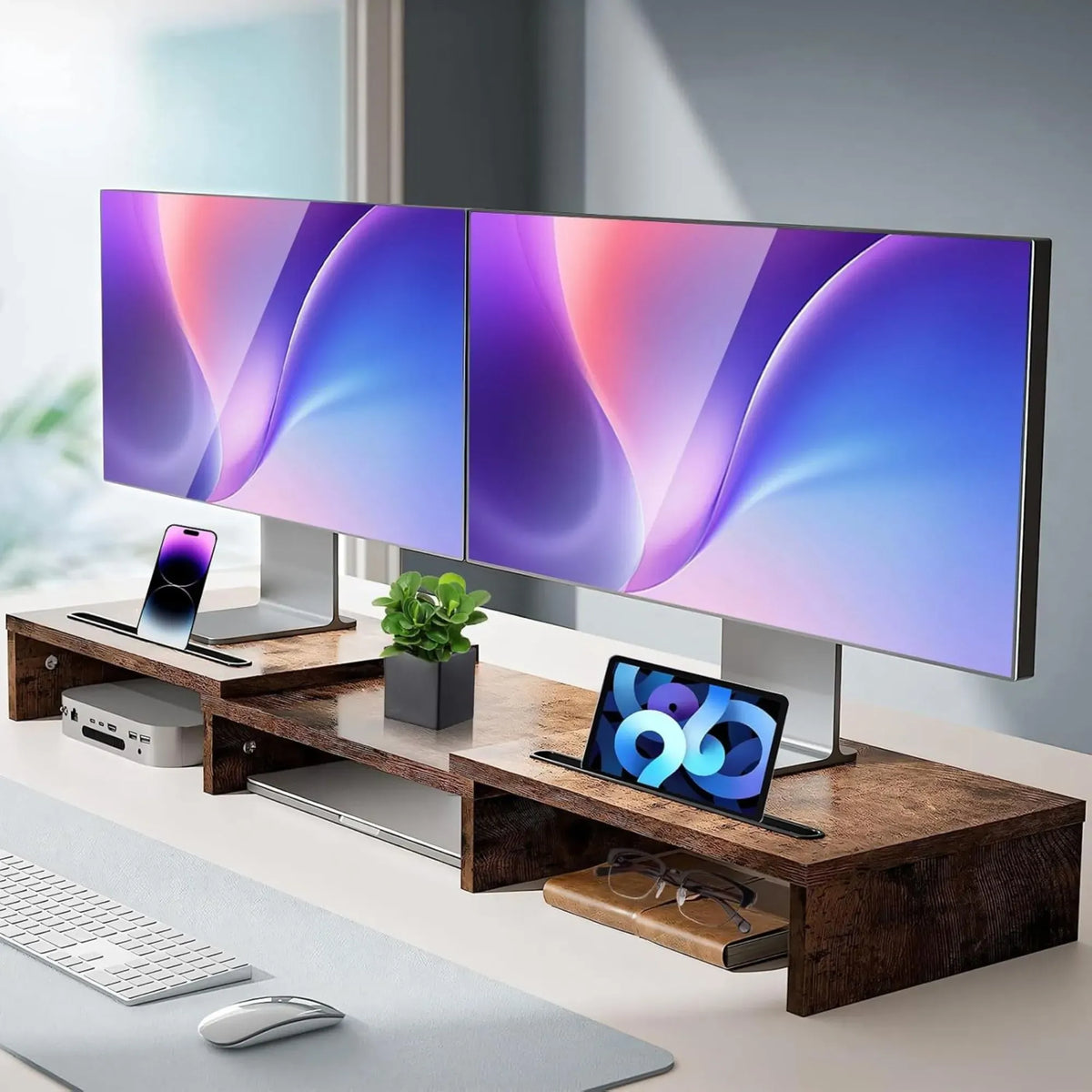 Dual Monitor Stand Riser Adjustable Length and Angle - Brown