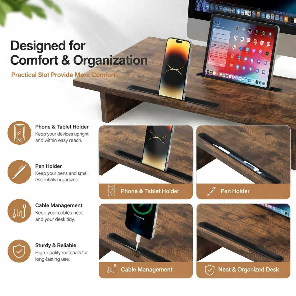 Dual Monitor Stand Riser Adjustable Length and Angle - Brown