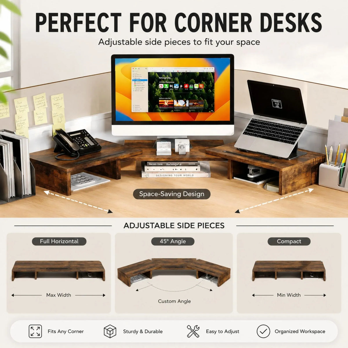 Dual Monitor Stand Riser Adjustable Length and Angle - Brown