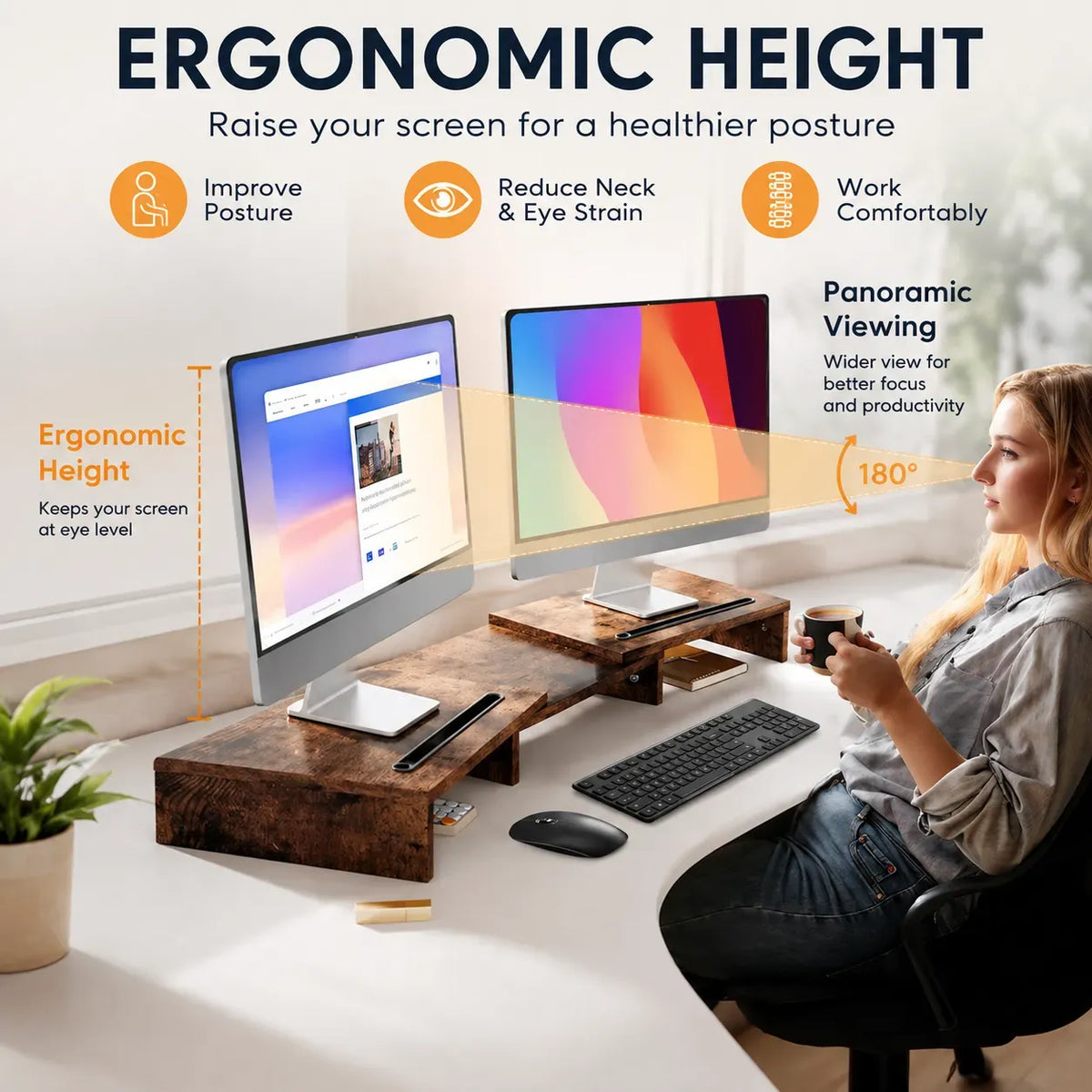Dual Monitor Stand Riser Adjustable Length and Angle - Brown