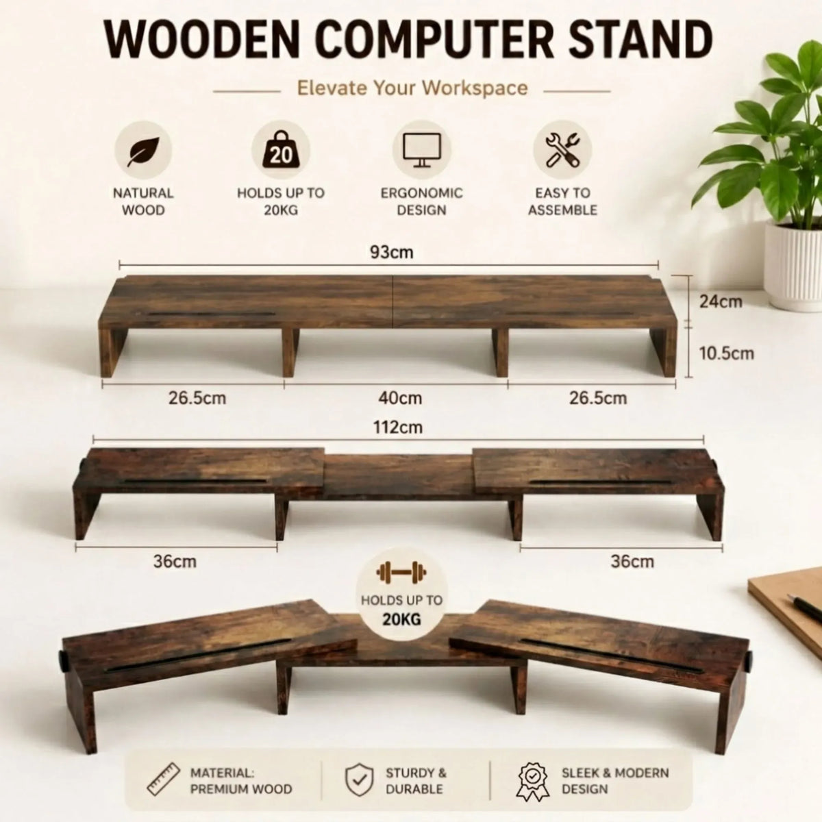 Dual Monitor Stand Riser Adjustable Length and Angle - Brown