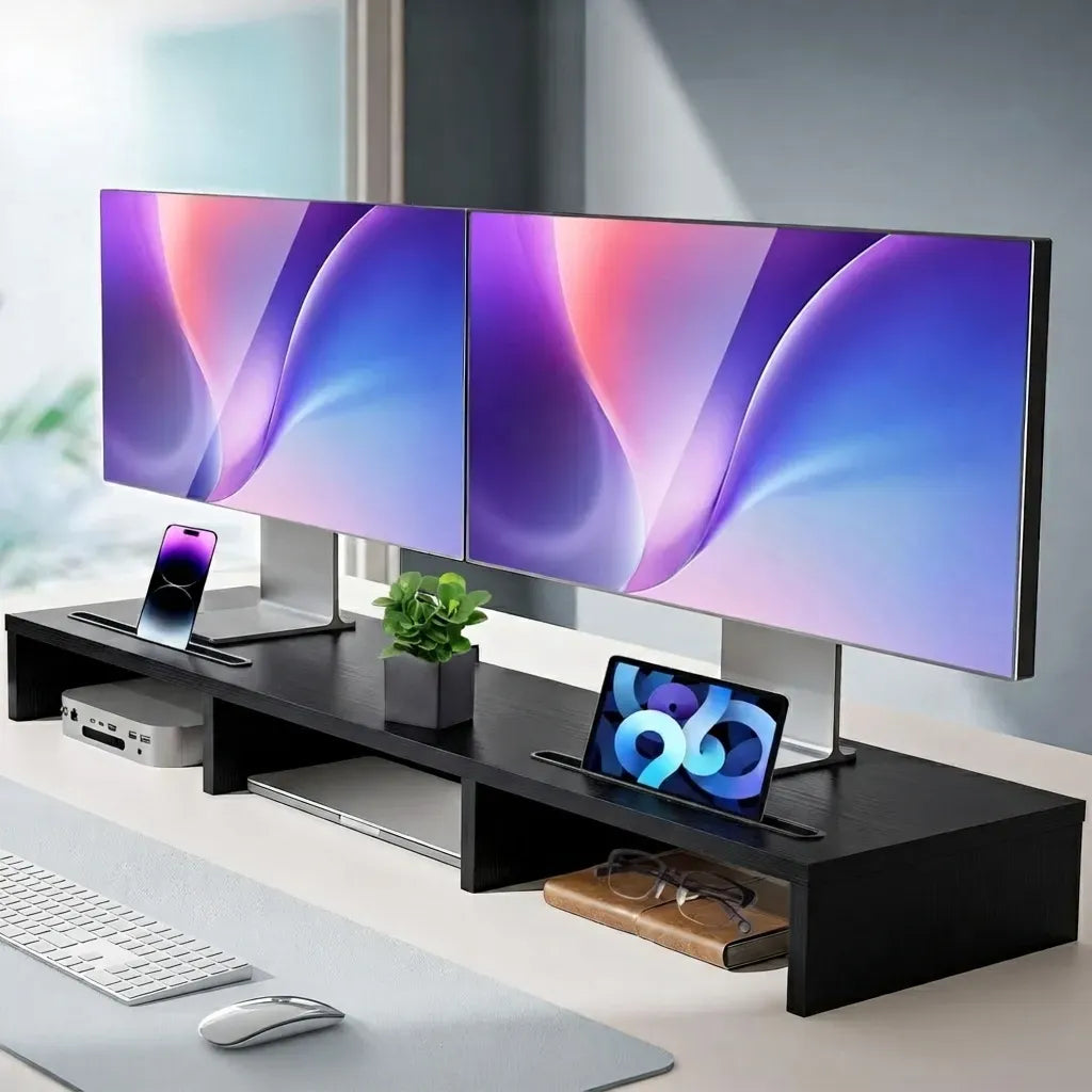 Dual Monitor Stand Riser Adjustable Length and Angle - Black
