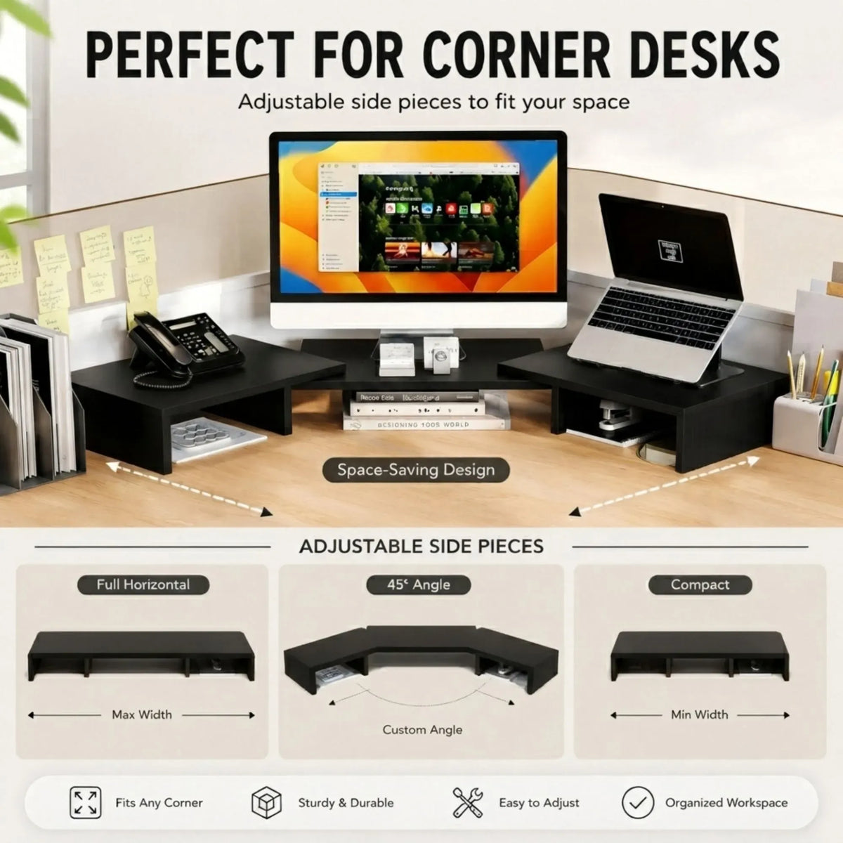 Dual Monitor Stand Riser Adjustable Length and Angle - Black