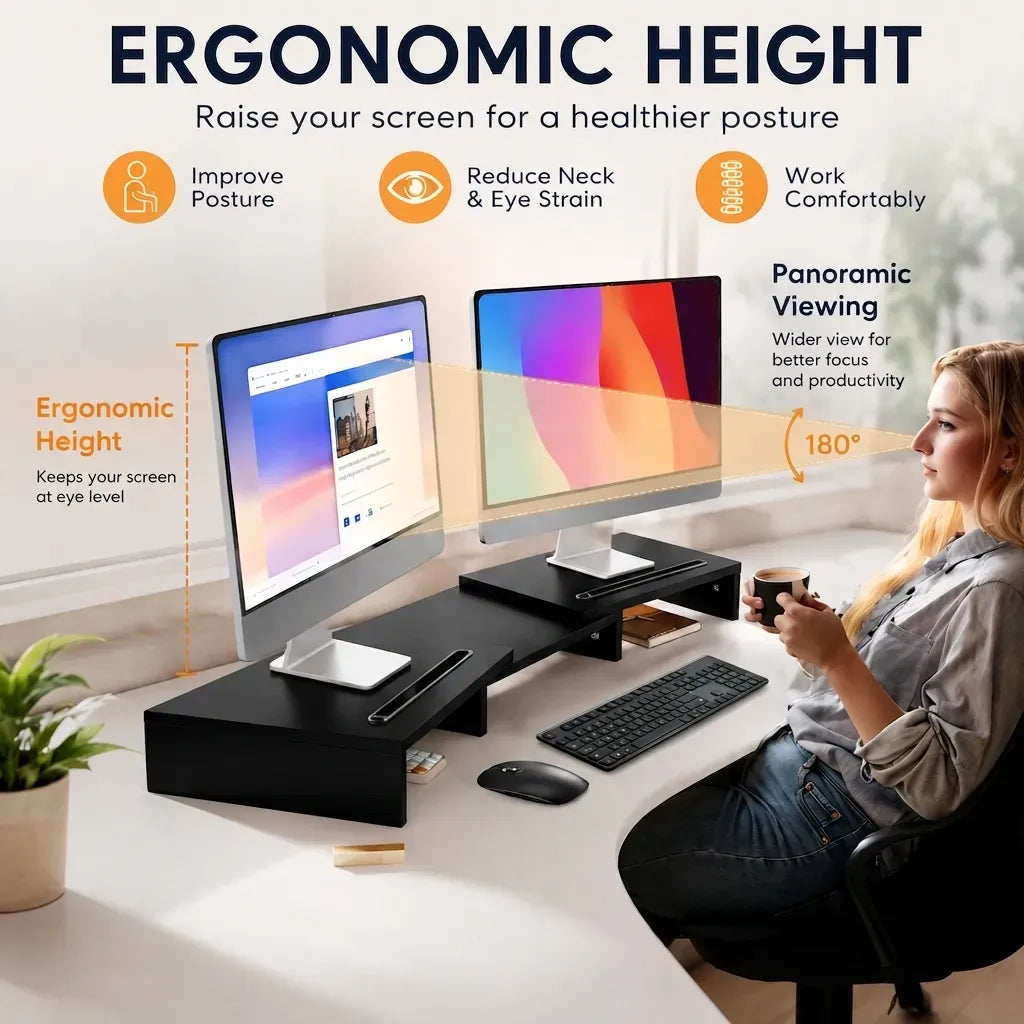 Dual Monitor Stand Riser Adjustable Length and Angle - Black