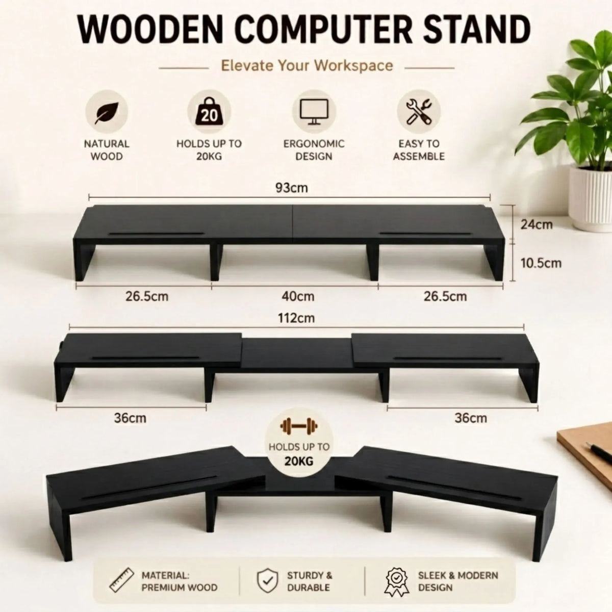 Dual Monitor Stand Riser Adjustable Length and Angle - Black