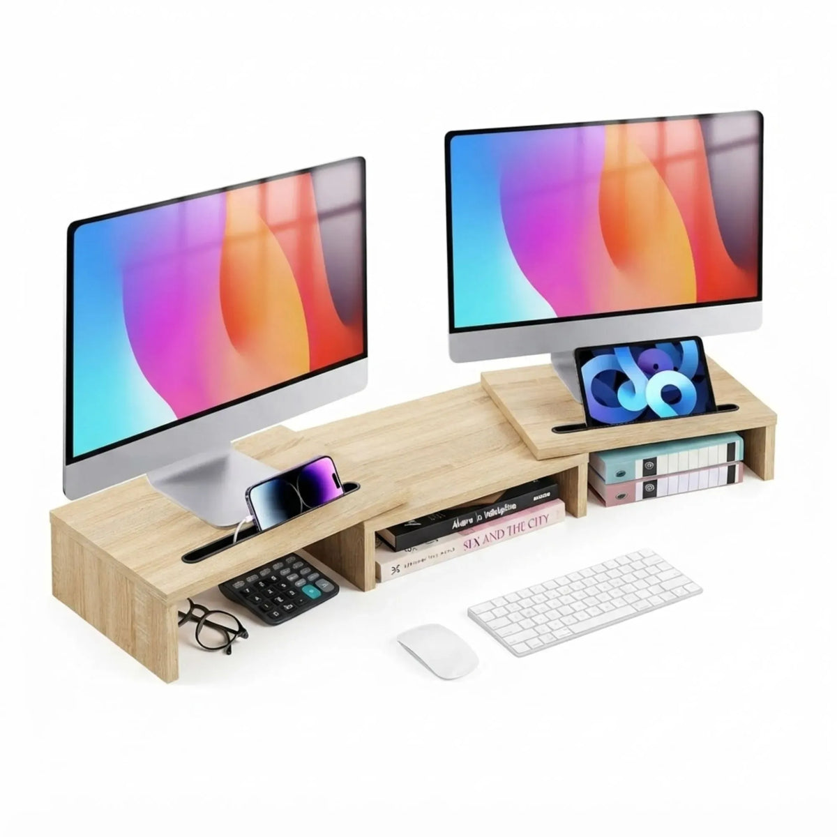 Dual Monitor Stand Riser Adjustable Length and Angle - Light Brown