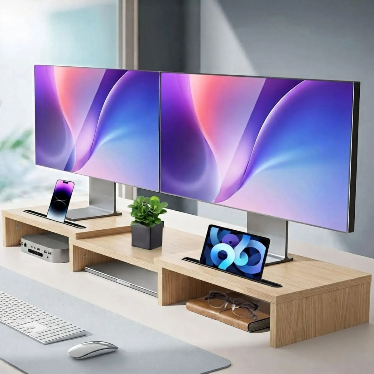 Dual Monitor Stand Riser Adjustable Length and Angle - Light Brown